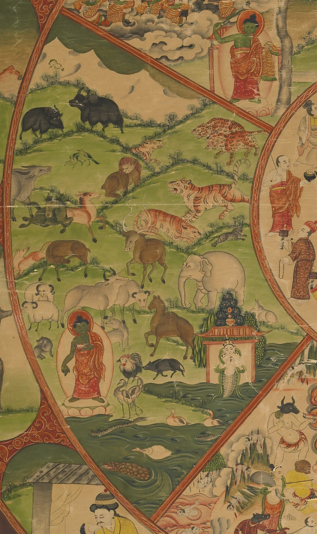 Scene depicting green-skinned Buddha amongst animals of all kinds in bucolic setting