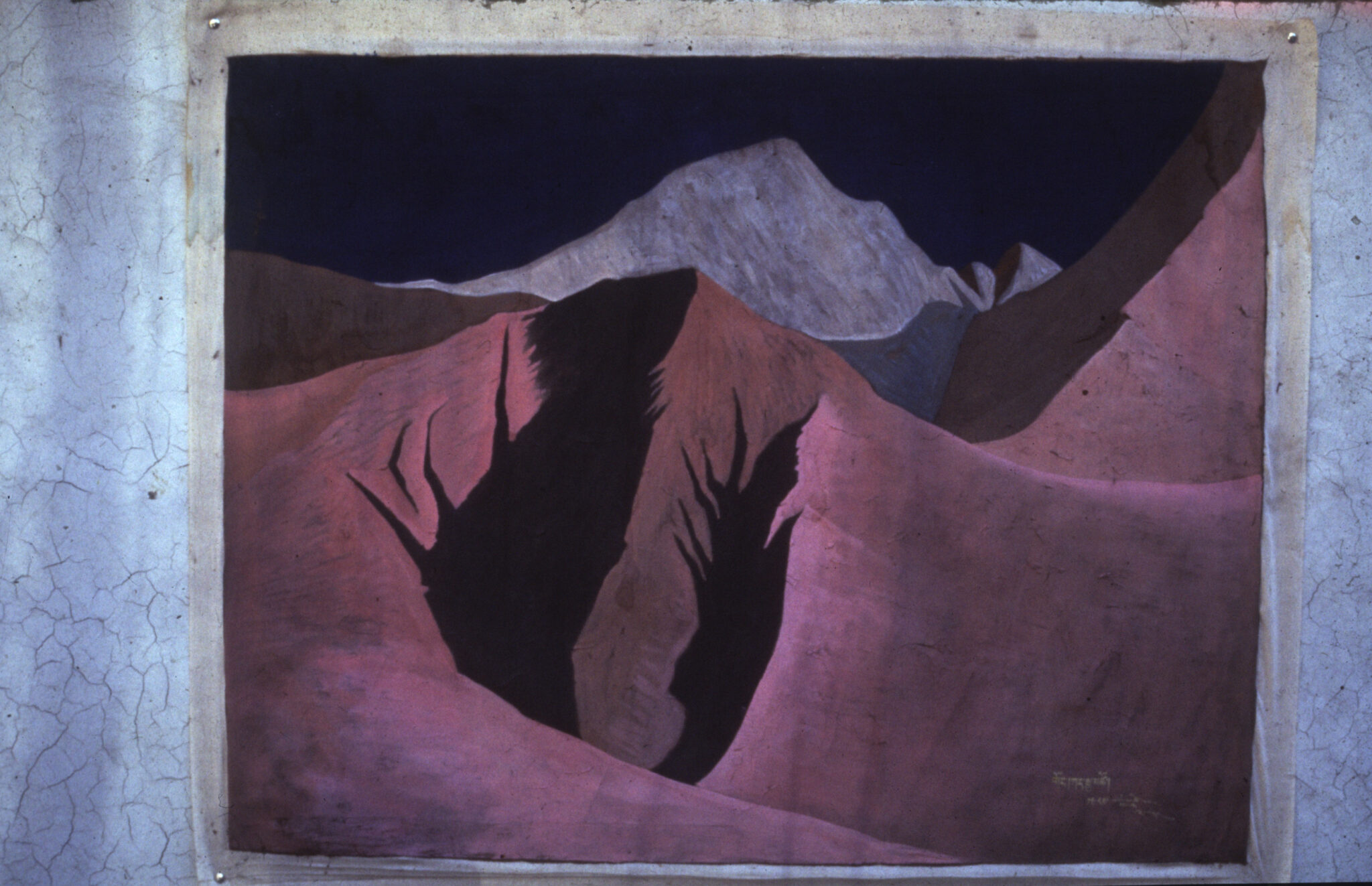Painting in purples and blues depicting jagged mountain spur in foreground and snowcapped peak in background