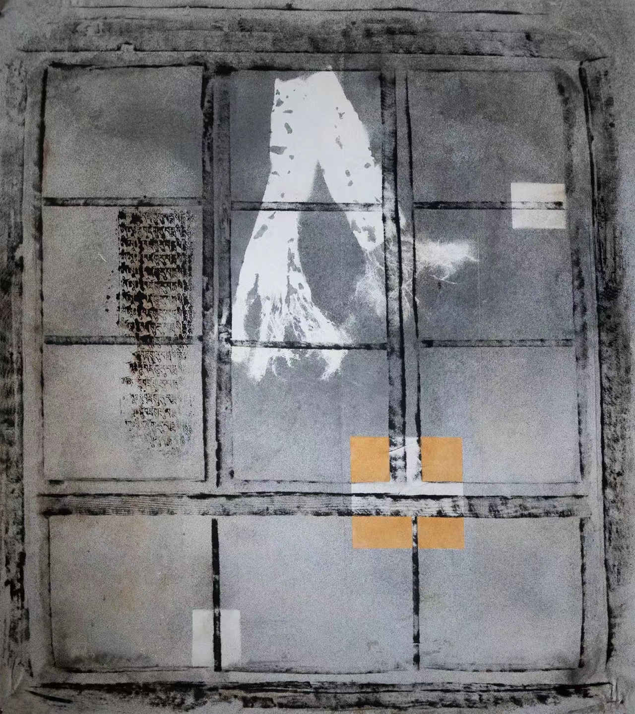 Mixed media piece in gray depicting 12-paned window with outline of scarf in white at top