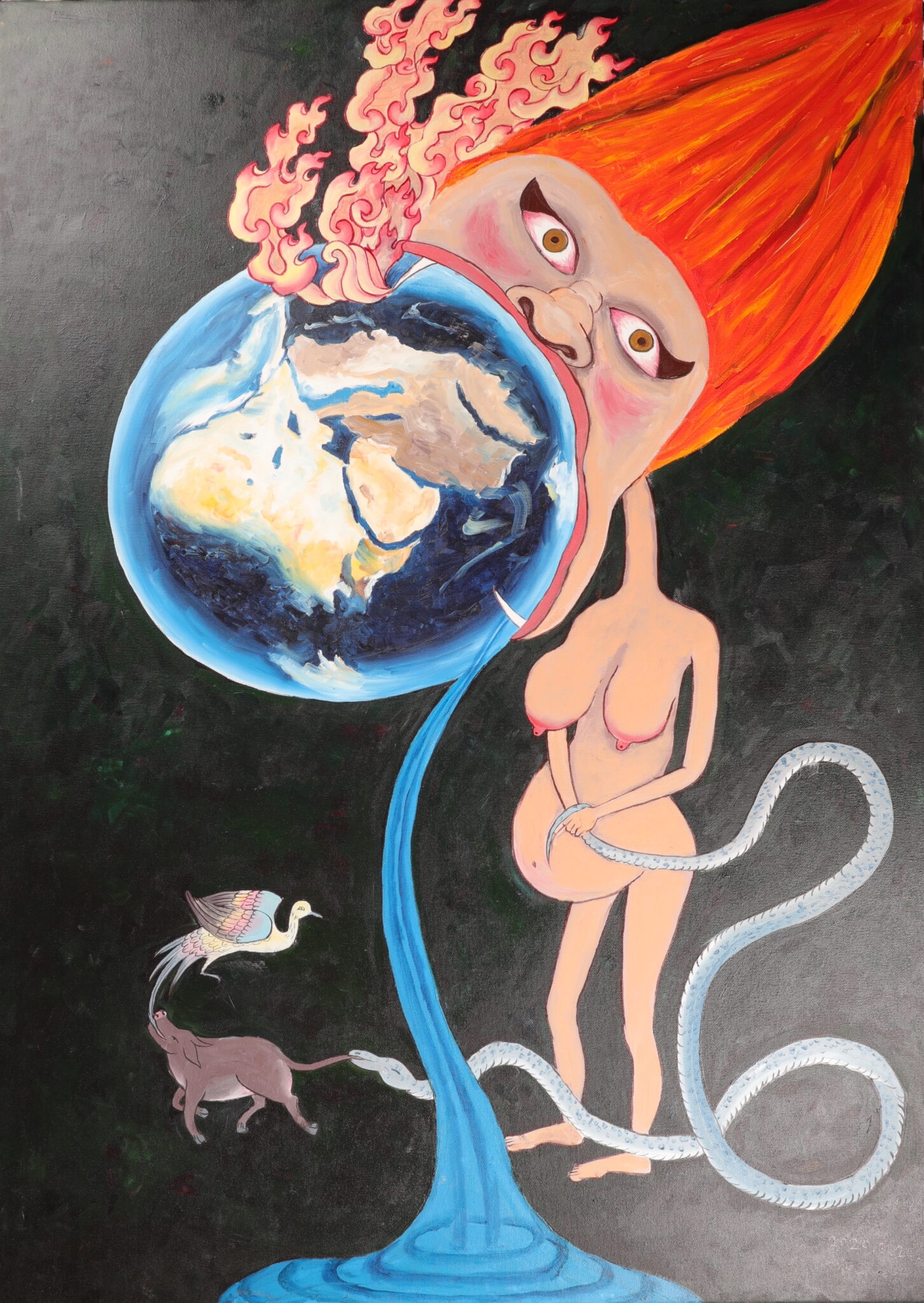 Stylized female figure holding planet Earth, beset by flame and flood, in mouth as snake emerges from her pregnant belly