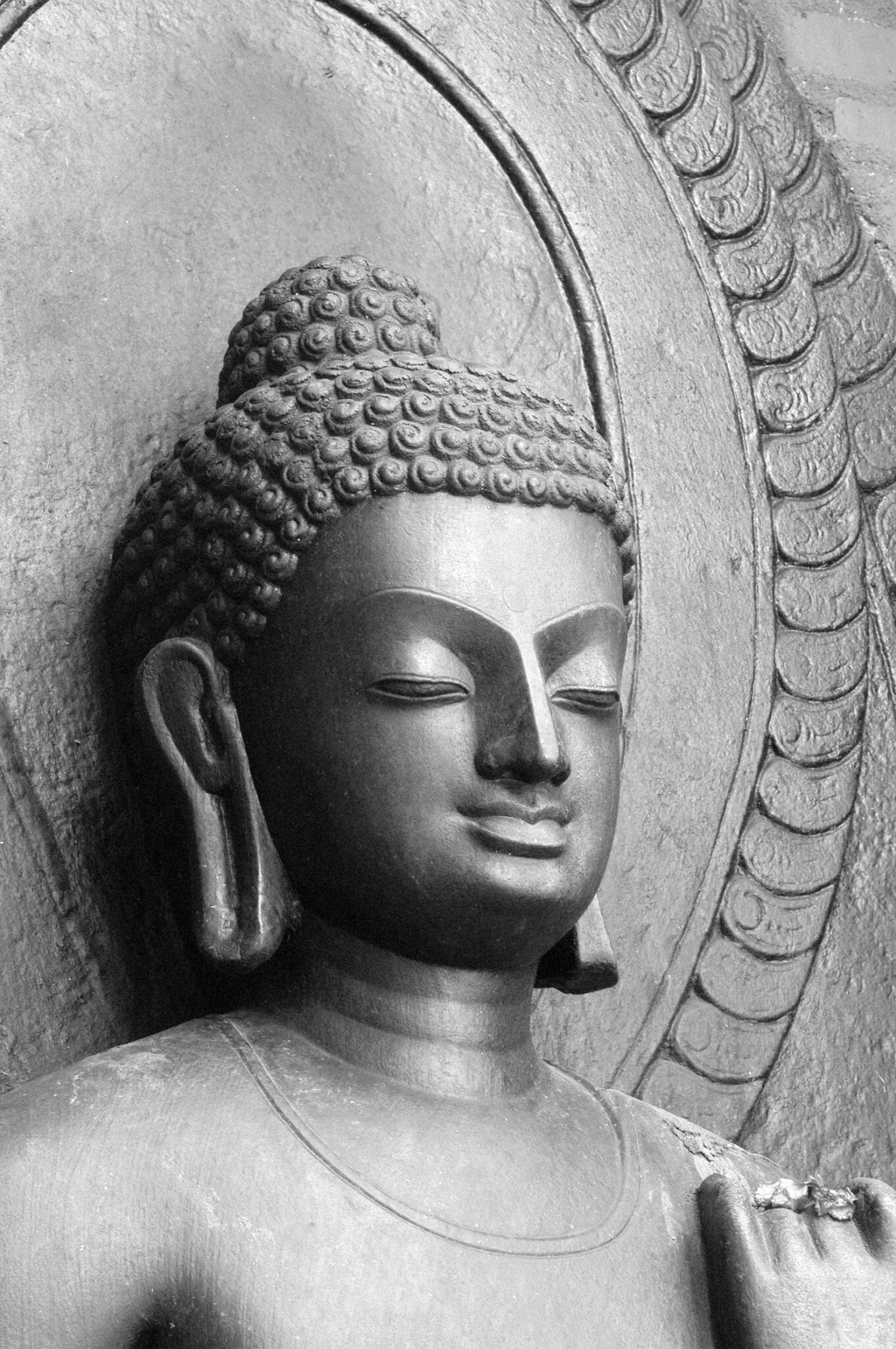 Black and white photograph of head and shoulders of Buddha; viewed from left in three-quarter profile