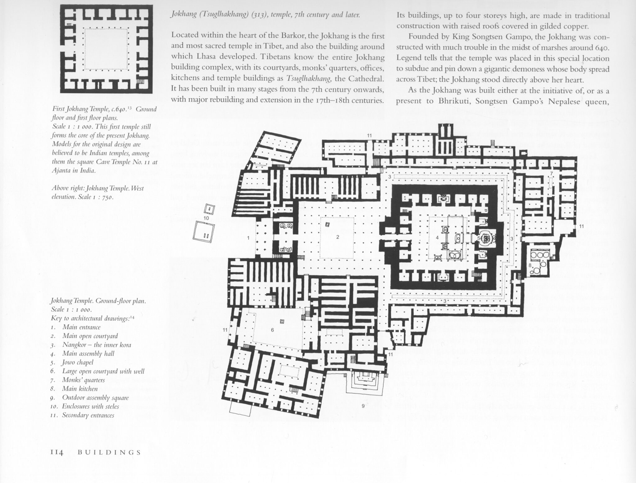 Book page featuring floor plan of sprawling temple complex and three columns of text