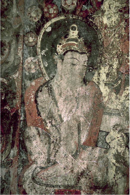 Abraded wall painting of crowned deity with halo wearing beaded necklaces and red shoulder wrap