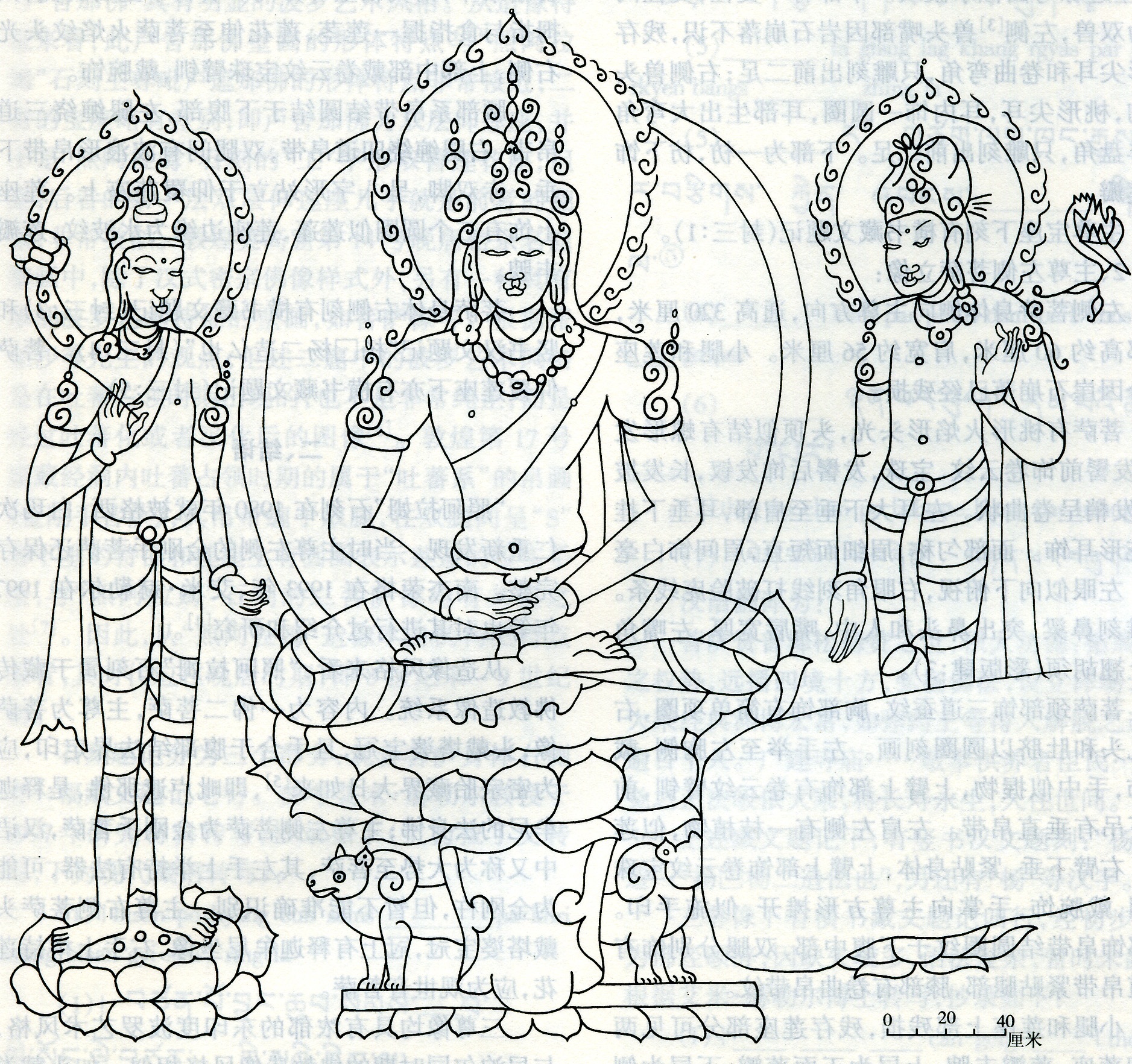 Line drawing of seated Buddha flanked by deities; printed on paper with faint lines of Chinese text