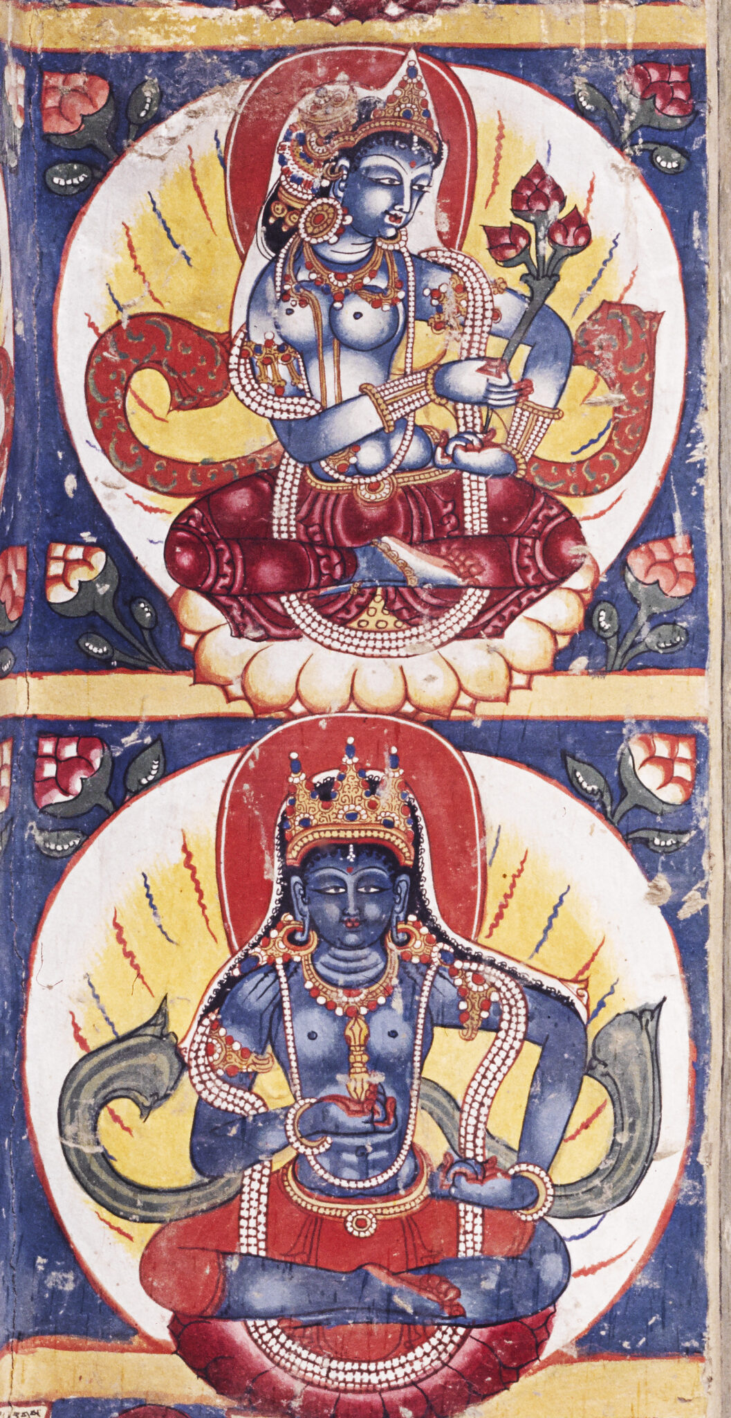 Detail of mural depicting two blue-skinned deities situated in squares stacked atop one another