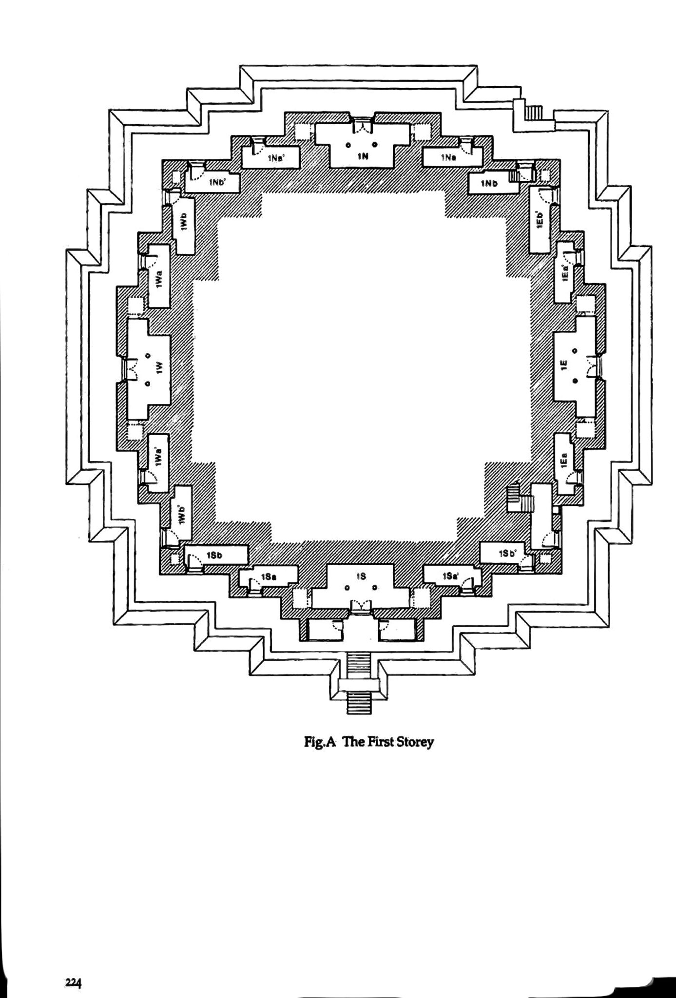 Floor plan describing one level of religious structure in circular shape articulated by right angles; “Fig.A The First Storey” at bottom center