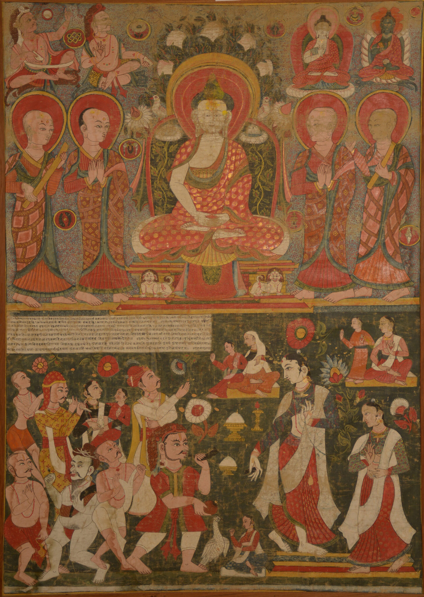Two scenes: at top, Buddha flanked by attendants; at bottom, figures in dynamic poses with text at top left