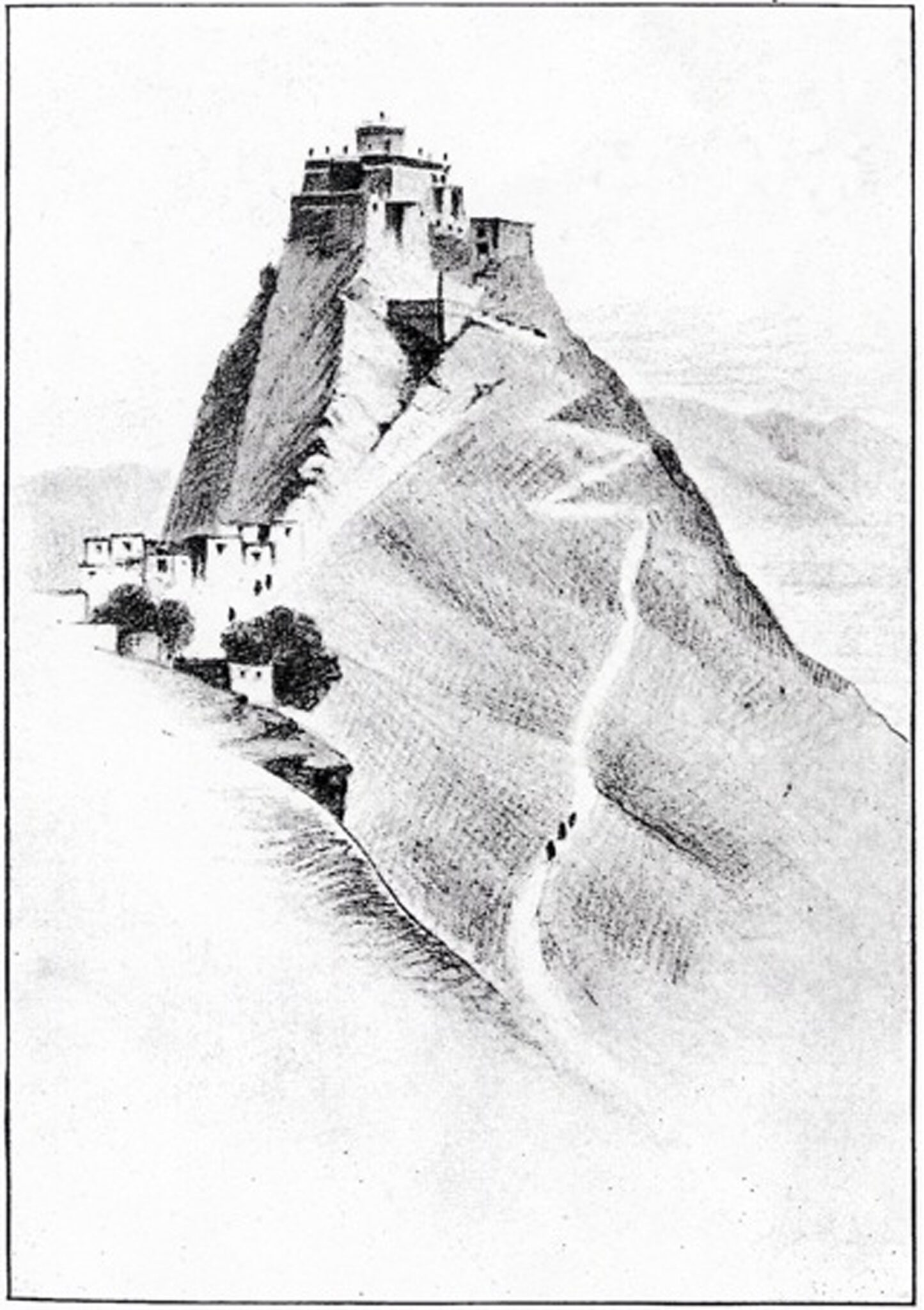 Pencil drawing depicting two building complexes situated on peak and spur of mountain outcropping