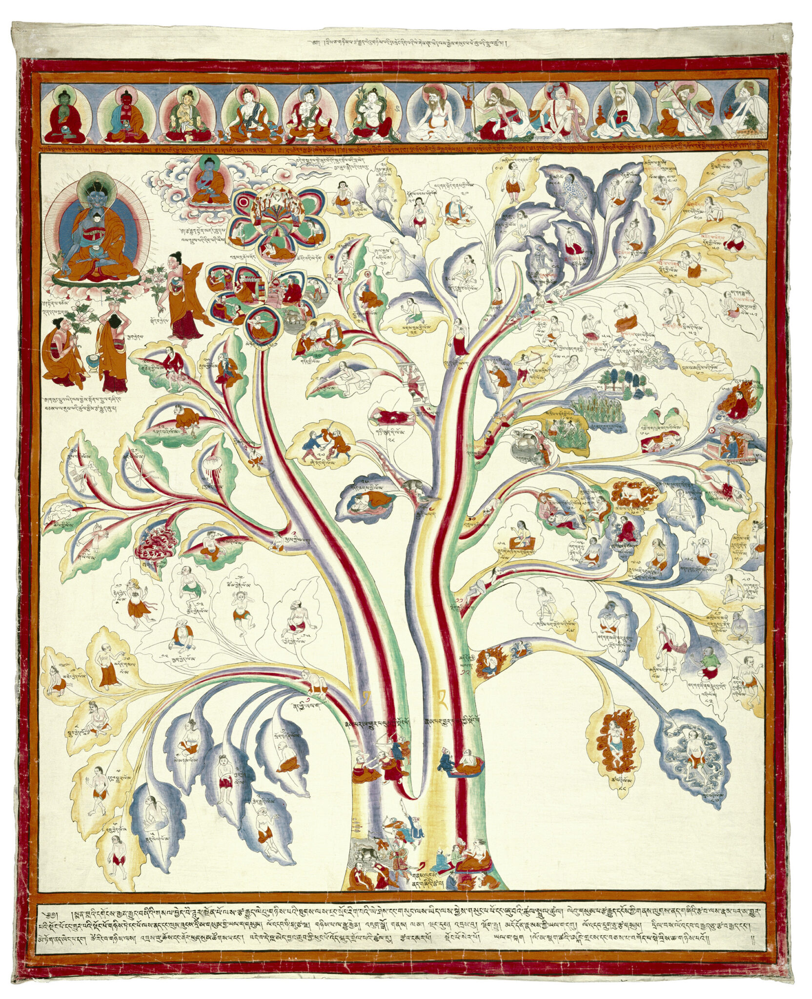Colorful illustration in the form of tree with many branches and leaves, each containing iconographic information