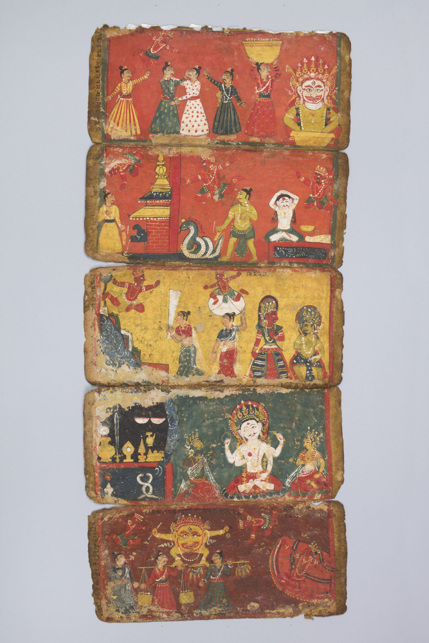 Five small rectangular paintings arranged in column depicting scenes featuring deities, animals, and spiritual implements