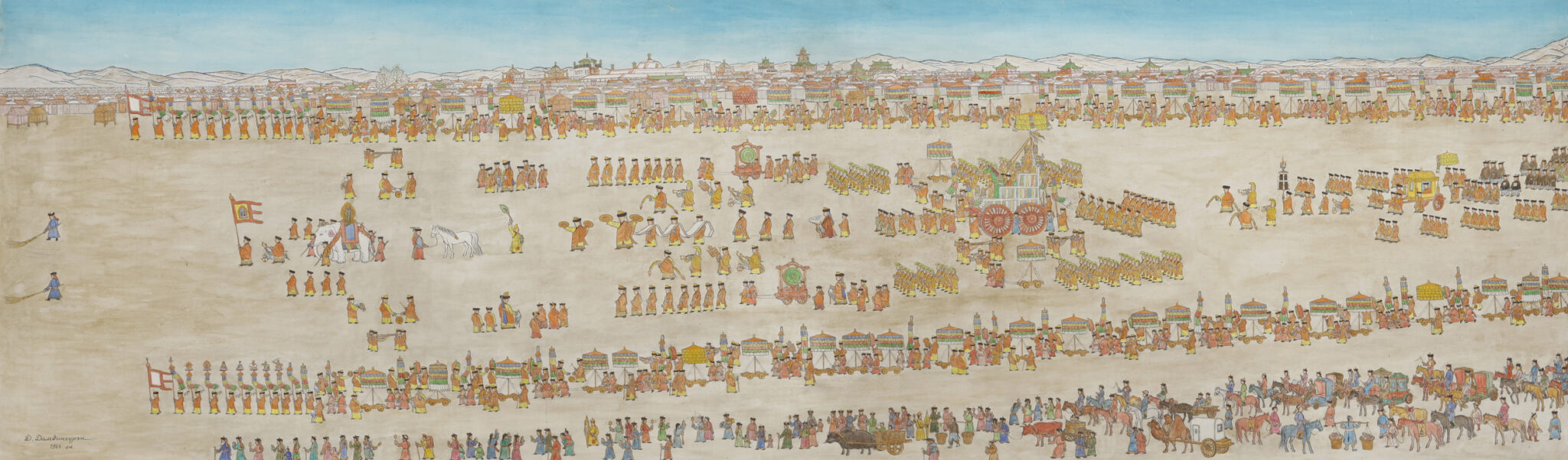 Panoramic painting depicting hundreds of figures arranged in formation on dusty field under blue sky