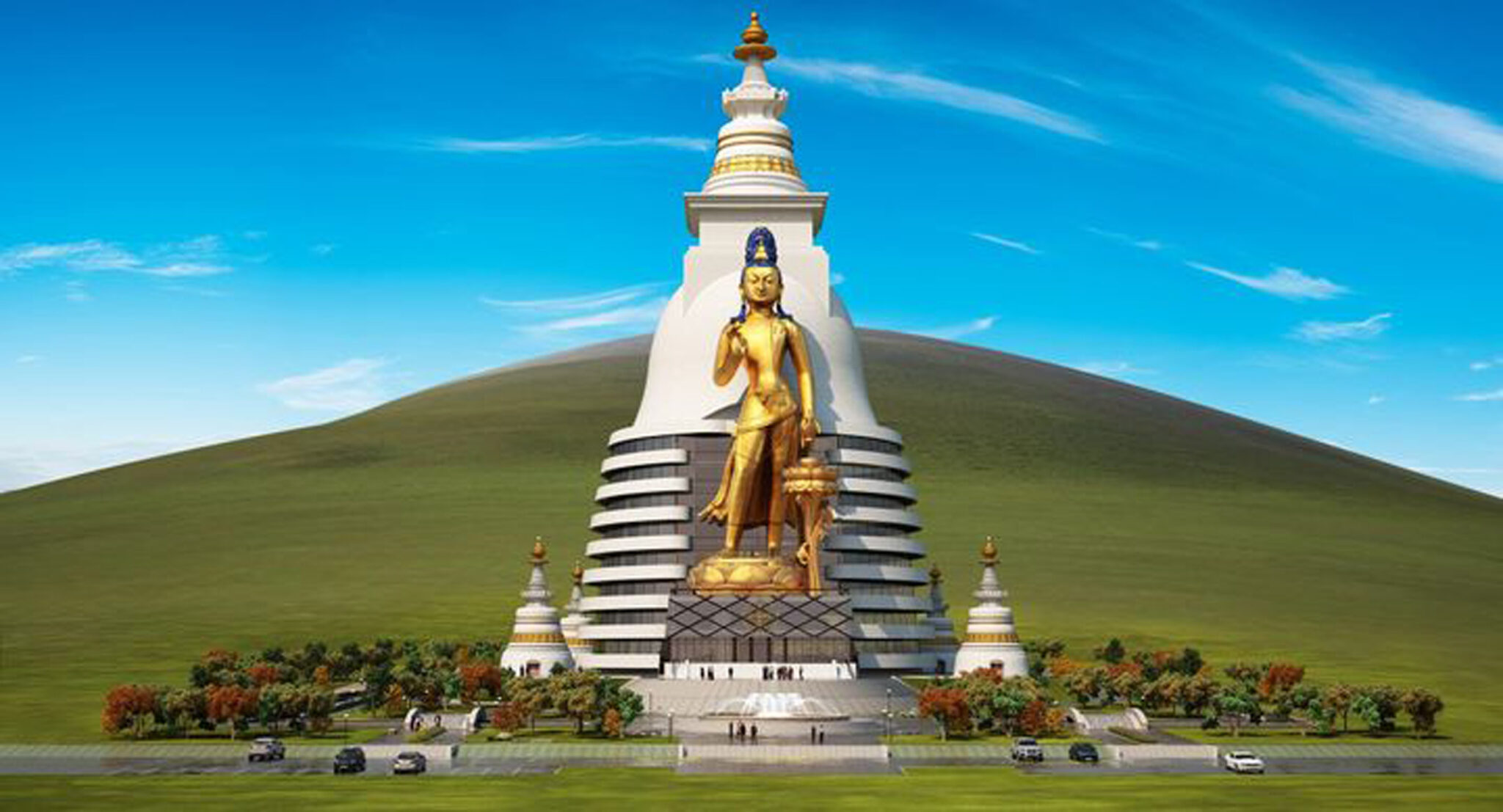 Computer-generated image depicting design for monumental white stupa and colossal golden Buddha amid trees
