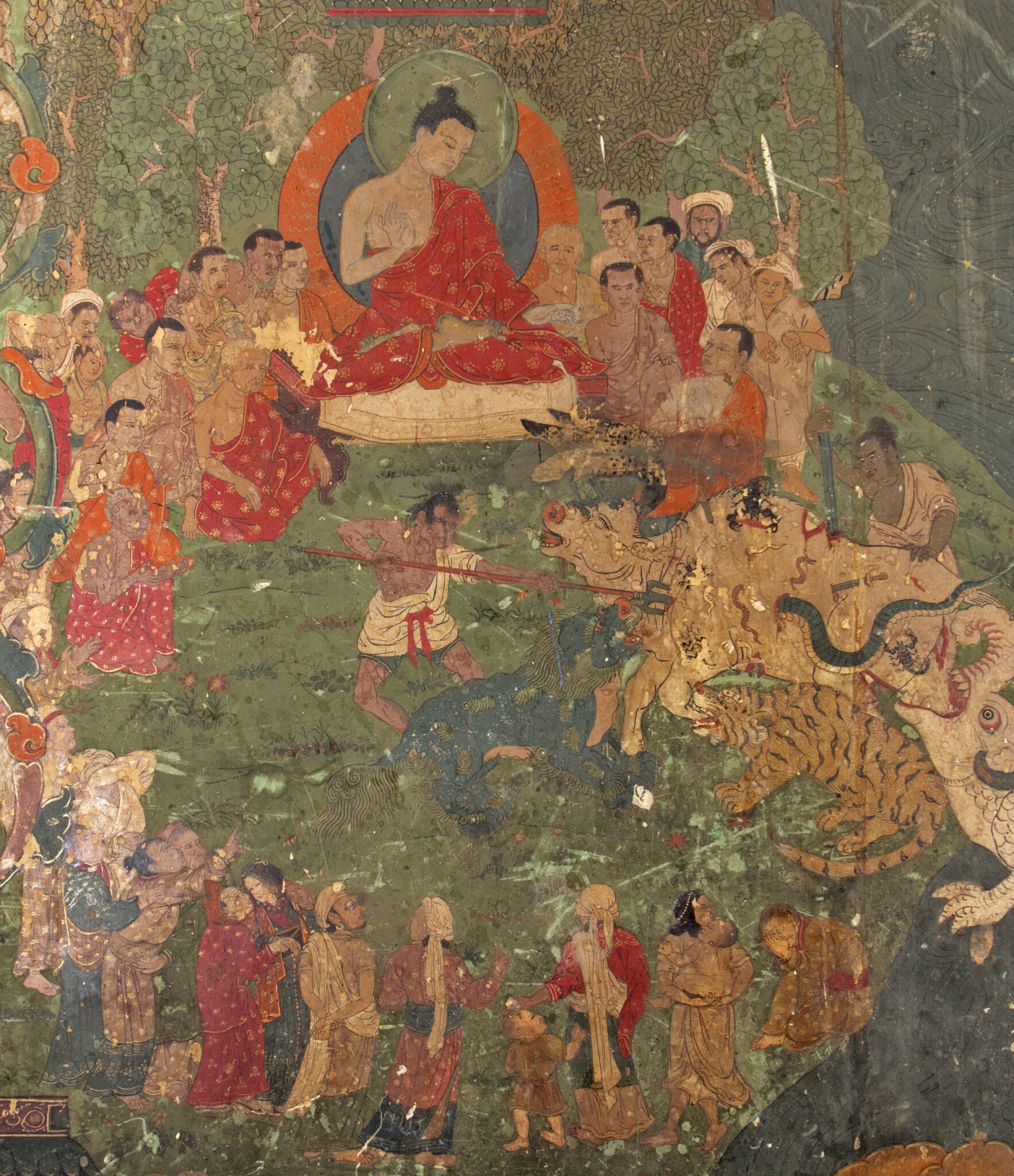 Seated Buddha and attendants assembled in circle look upon beasts being slain by two figures