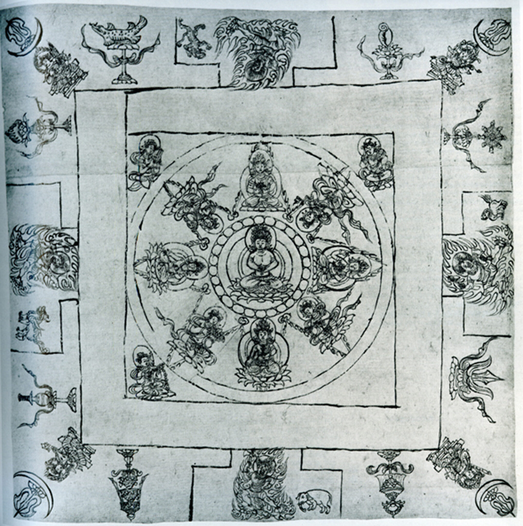 Line drawing featuring Buddha at center surrounded by concentric rings and square frames decorated with symbols and figures