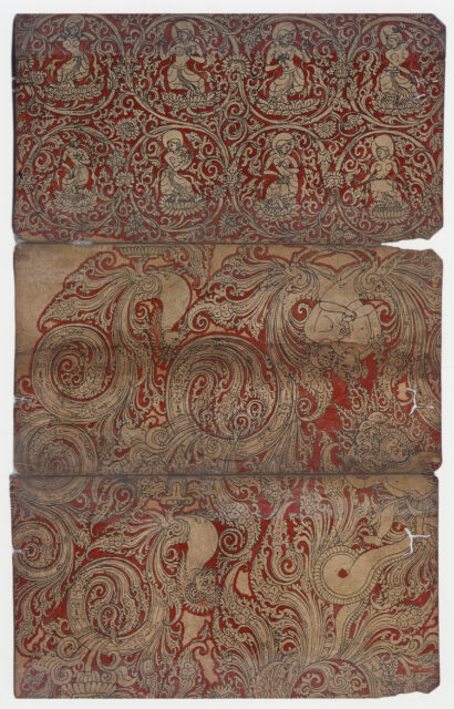 Three panels of paper bearing florid, sprawling illustrations outlined in red ink; eight figures in scrollwork roundels at top