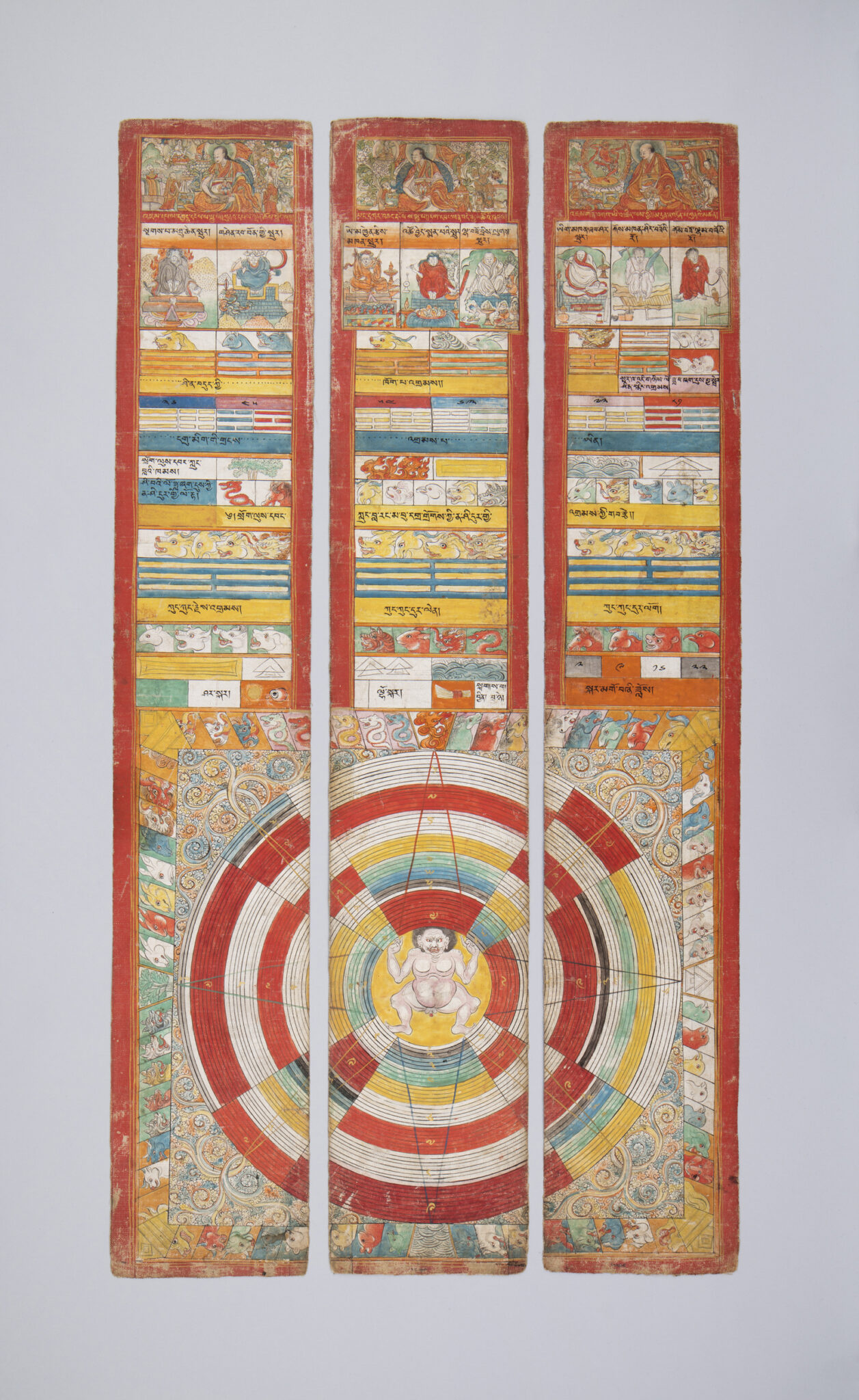 Three long, rectangular folios arranged side-by-side; text and illuminations at top, concentric circular diagram at bottom