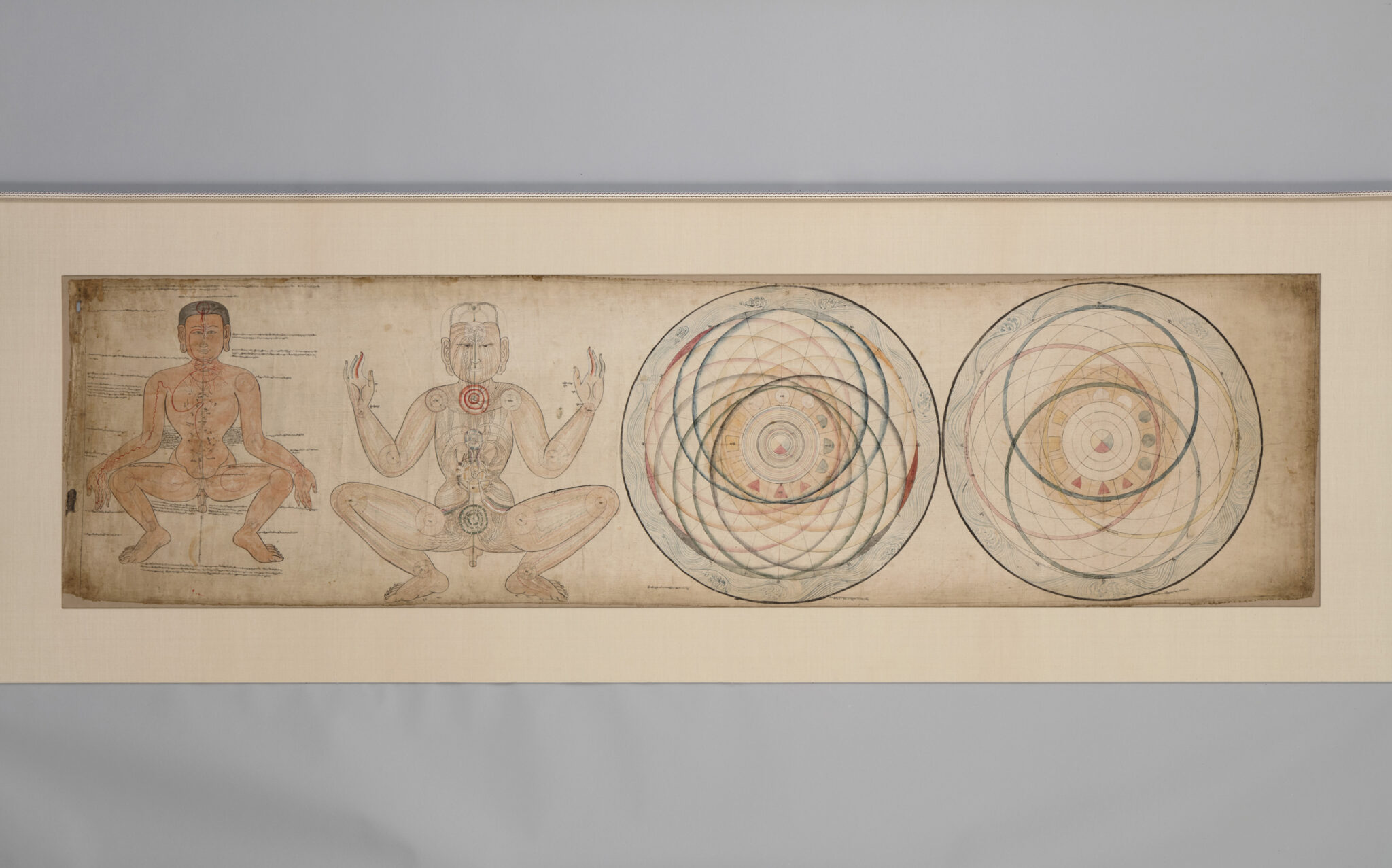 Four illustrations on rectangular beige folio: two human anatomical studies, two circles with inset geometrical compositions