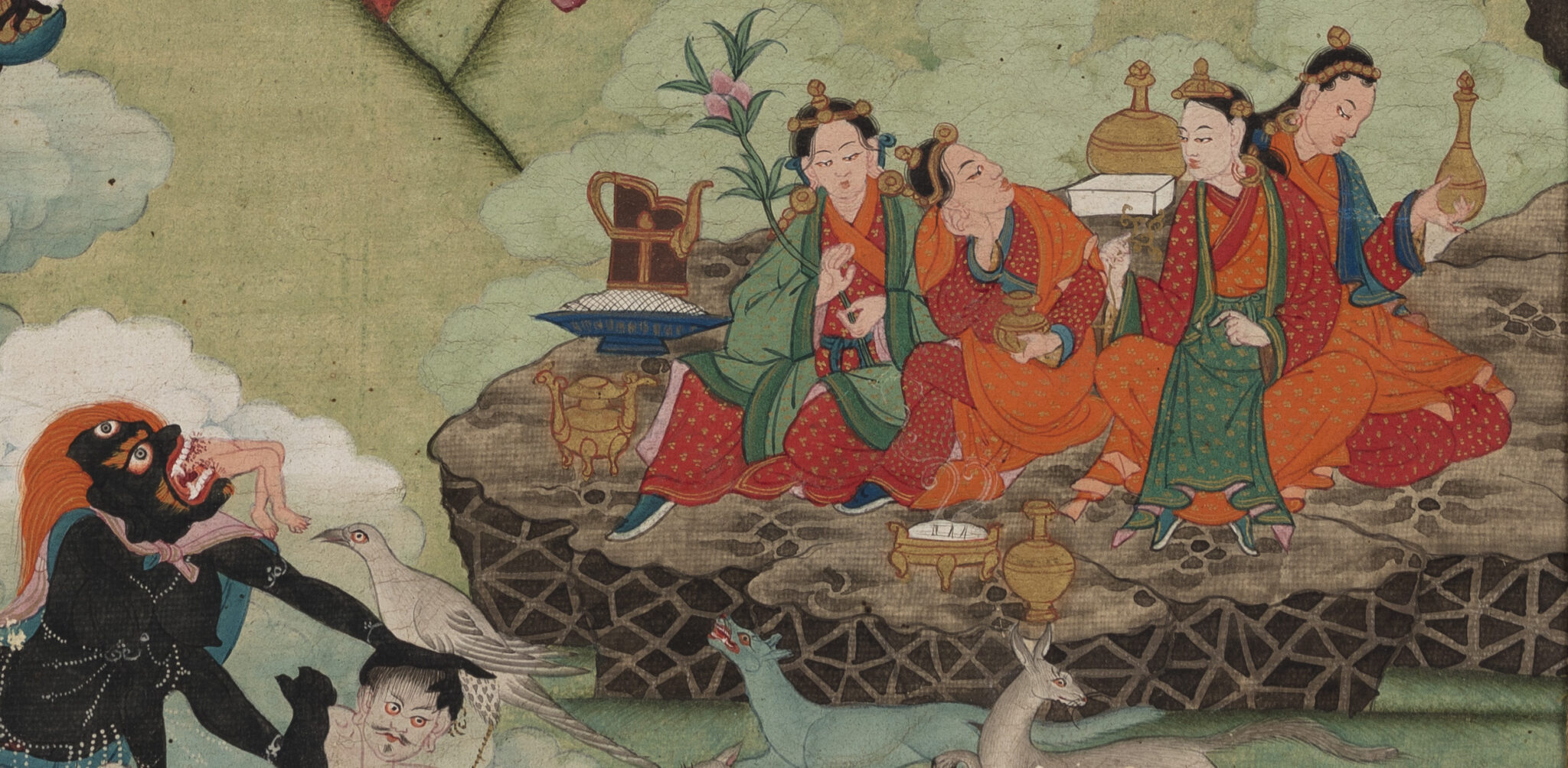 Four ladies wearing resplendent robes recline amongst collection of pitchers and other metal vessels
