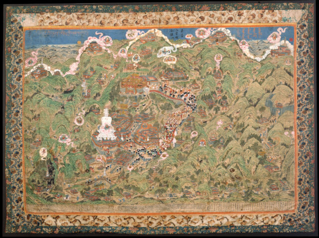 Hand-painted map showing a bird’s-eye view of mountainous region with prominent structures indicated in valley and throughout mountain range