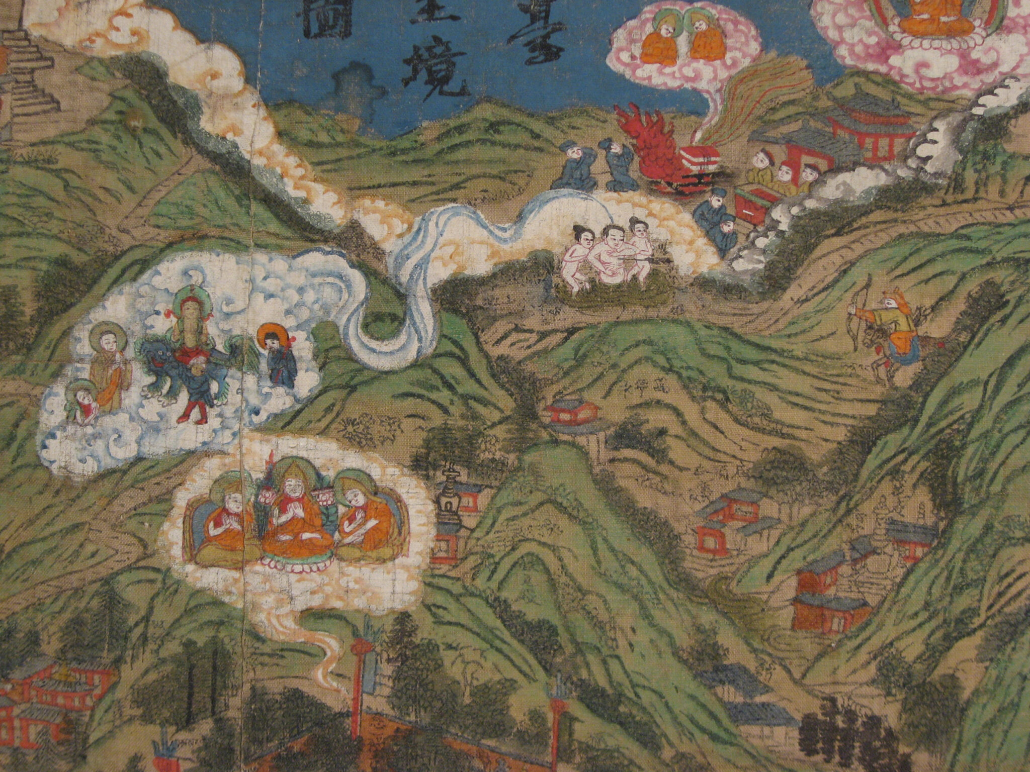 Archer aims arrow towards deity in lush mountain landscape replete with figures and building complexes