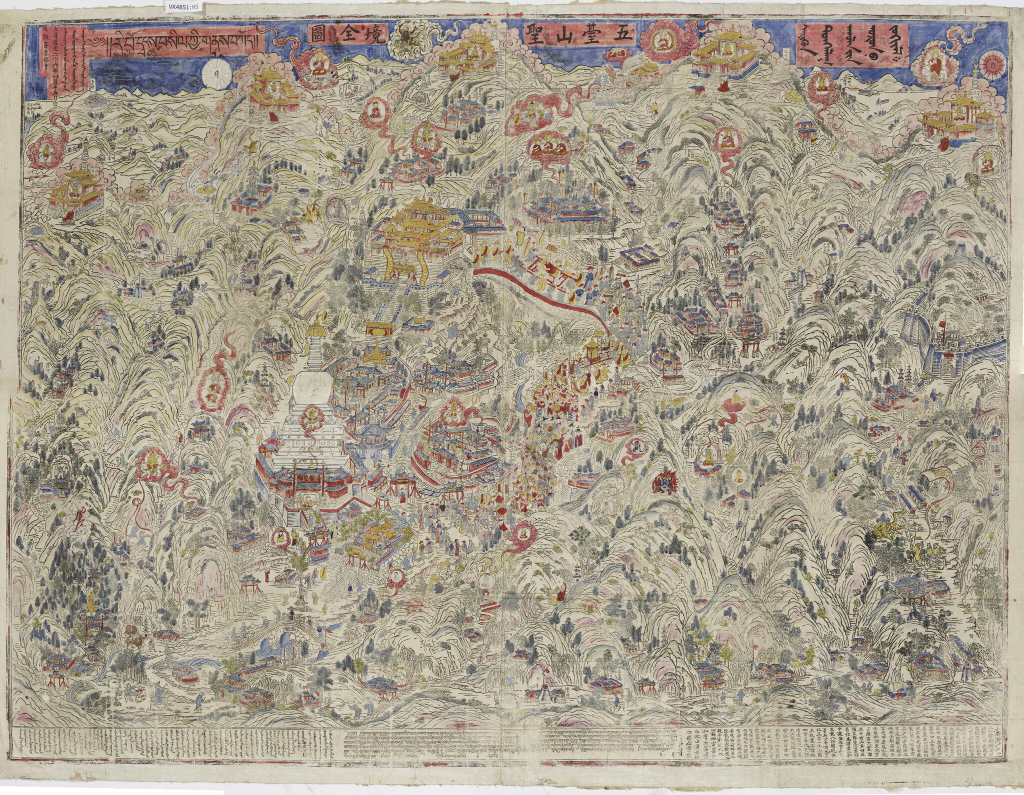 Beige, red, and green mural depicting various buildings and features of mountainous landscape; Chinese and Tibetan text at top