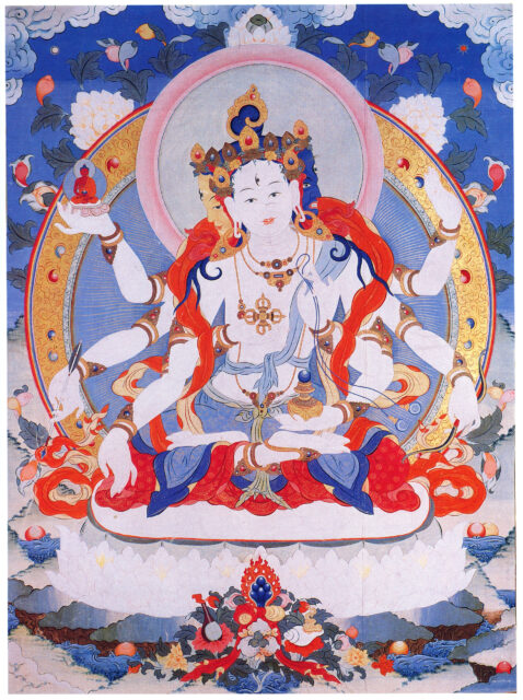Deity with three faces and eight arms holds implements in hands while seated on white lotus pedestal