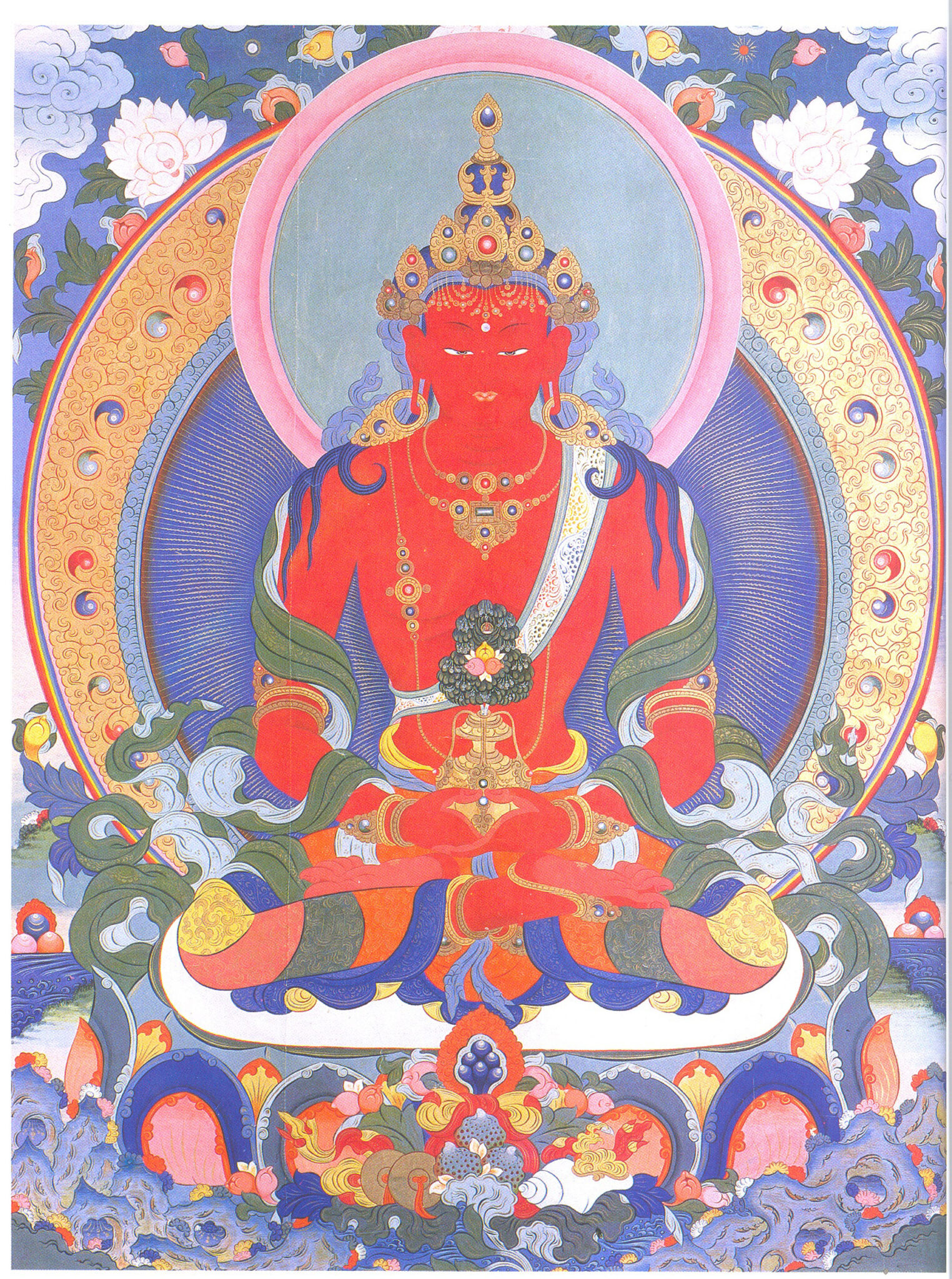 Crowned deity with red skin, wearing swirling sashes about arms, holds vessel with blossoms in lap