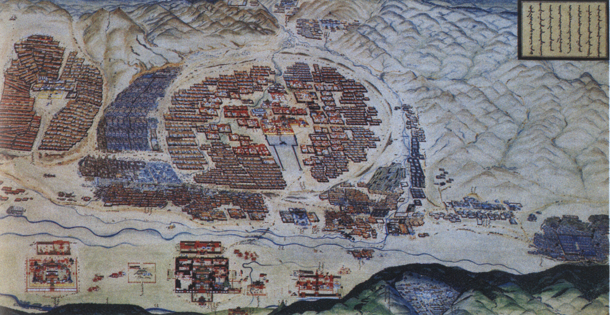 Map in color depicting riverside capital city surrounded by half-ring of mountains and satellite settlements