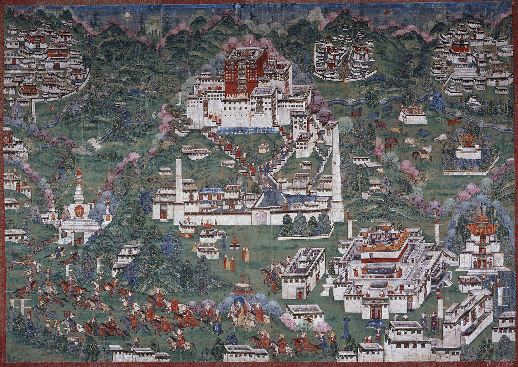 Painting depicting bird’s-eye view of prominent palace, temples, and monasteries in green mountain valley