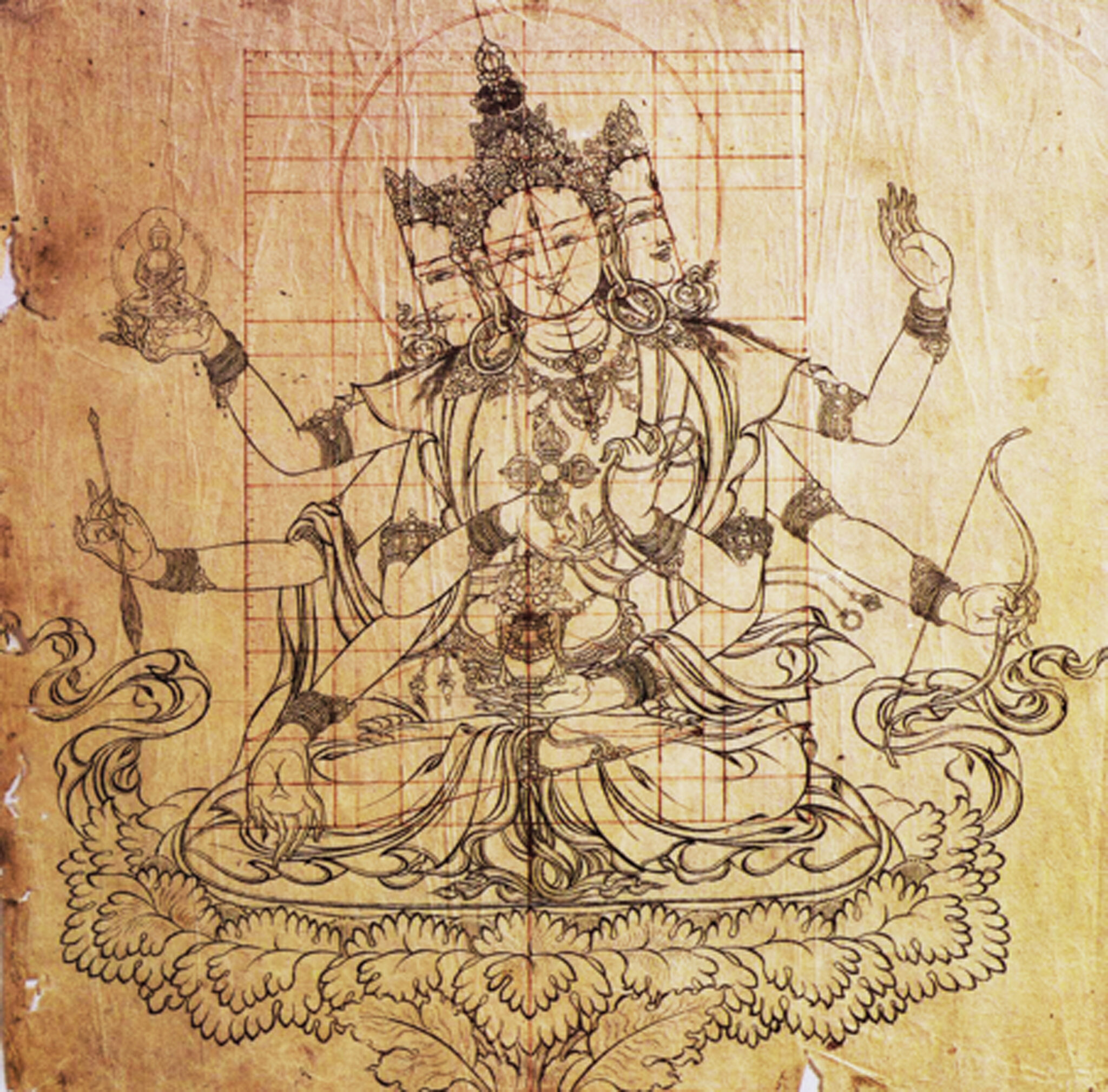 Line drawing depicting three-faced, eight-armed deity with red graph superimposed over body and head