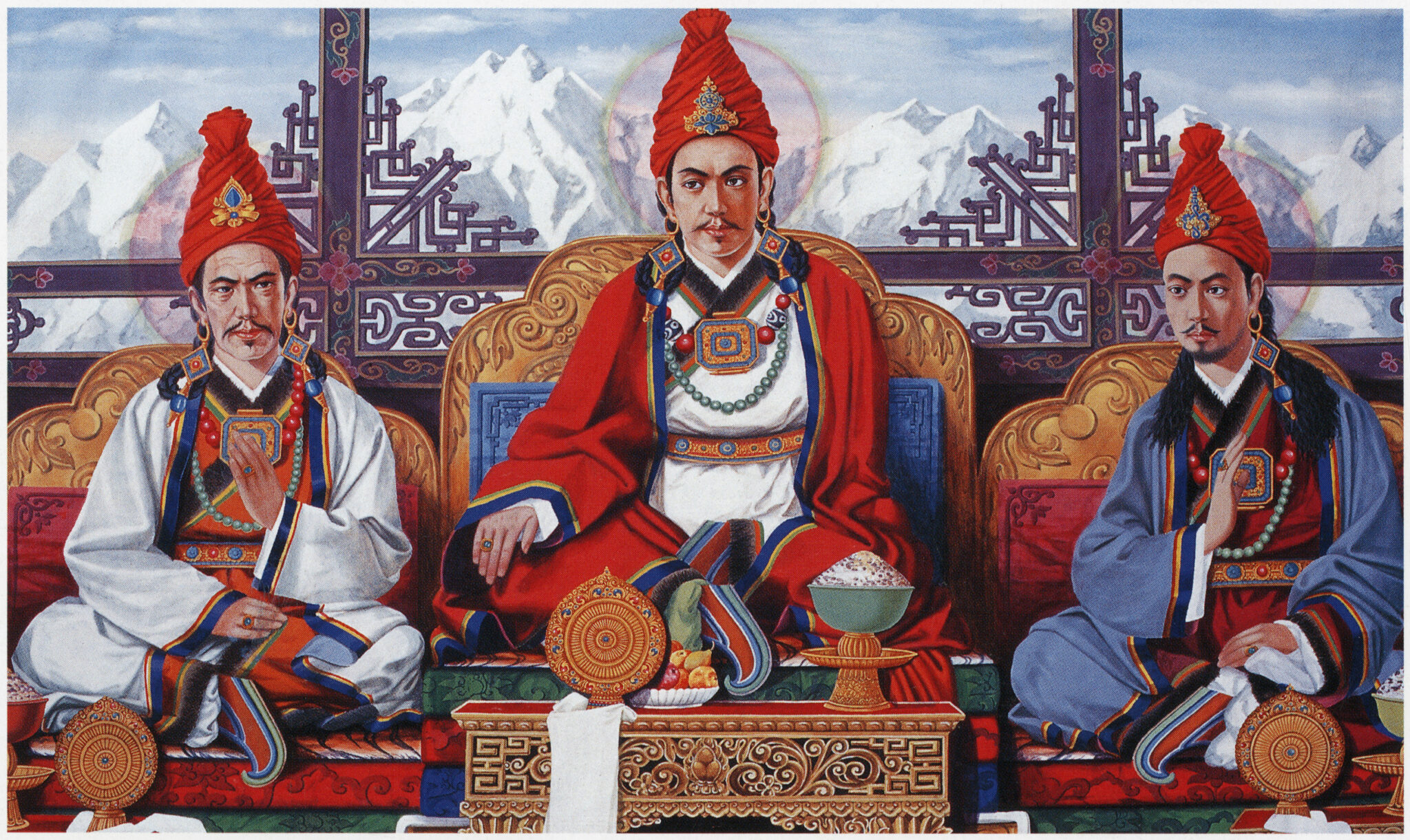 Painting depicting three men wearing red turbans seated cross-legged on thrones before mountain landscape