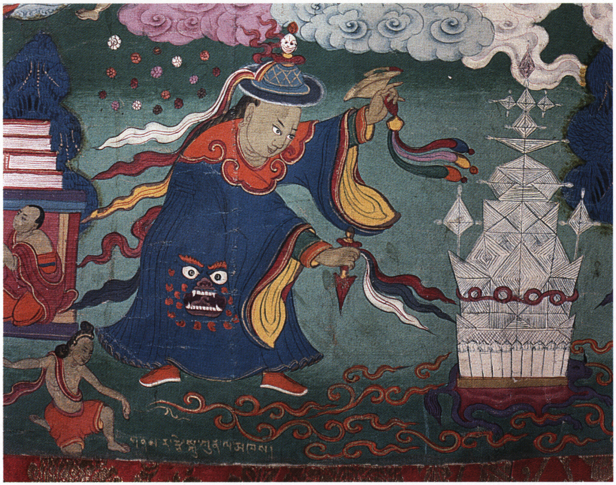 Figure dressed in blue robe decorated with fearsome face leans toward white religious implement decorated with yarn lozenges