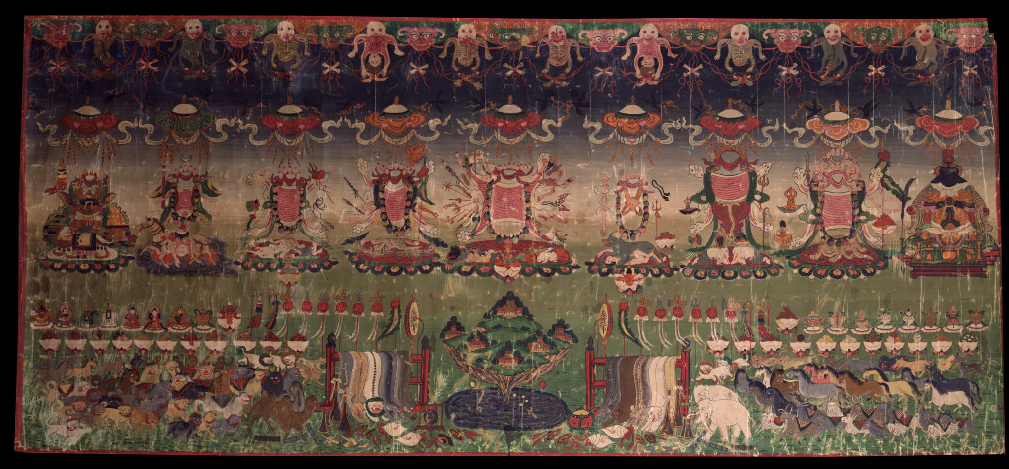 Painting depicting nine deities hovering in row above riders assembled on horseback in green landscape