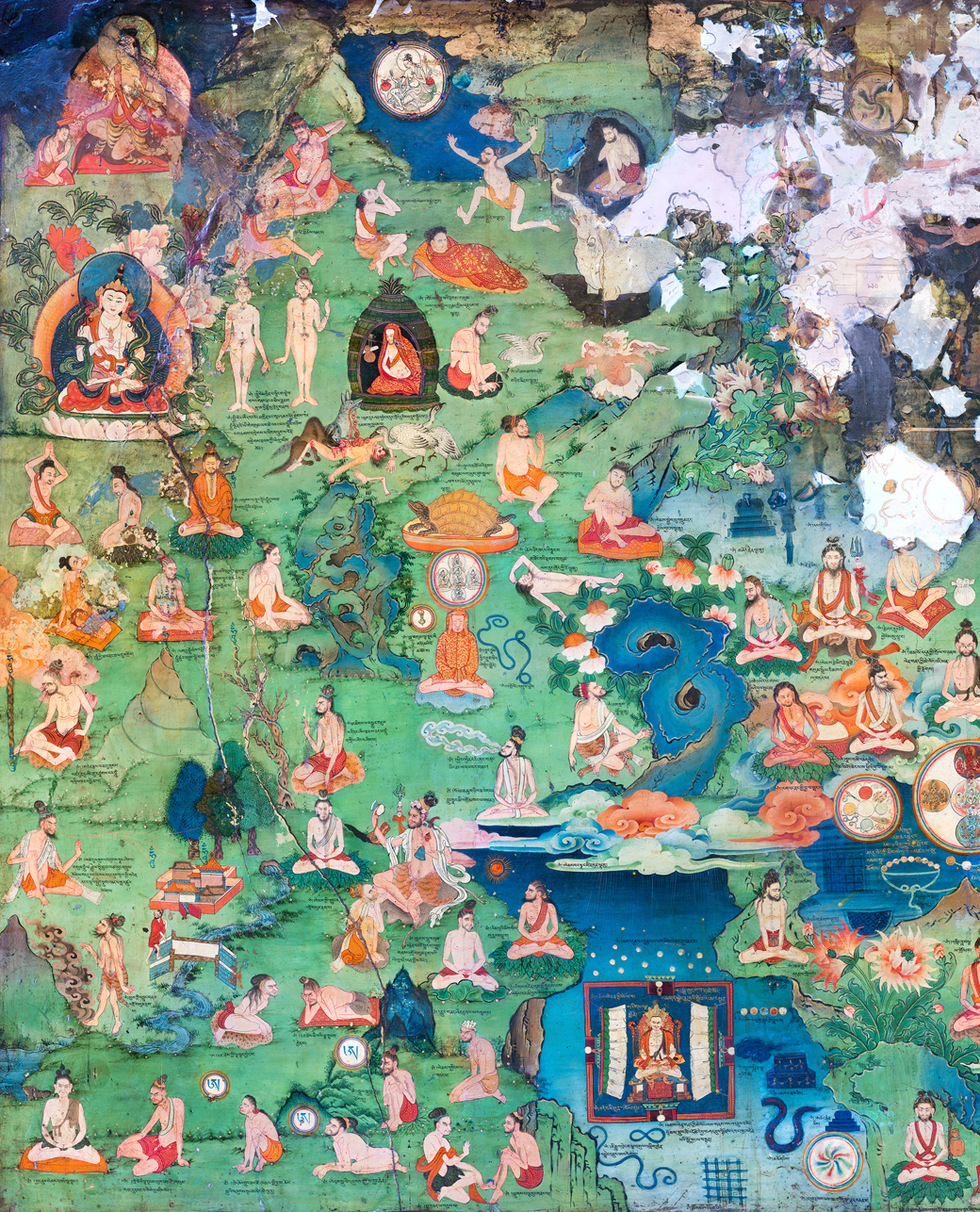 Detail of mural depicting landscape populated by dozens of figures engaged in various activities and poses