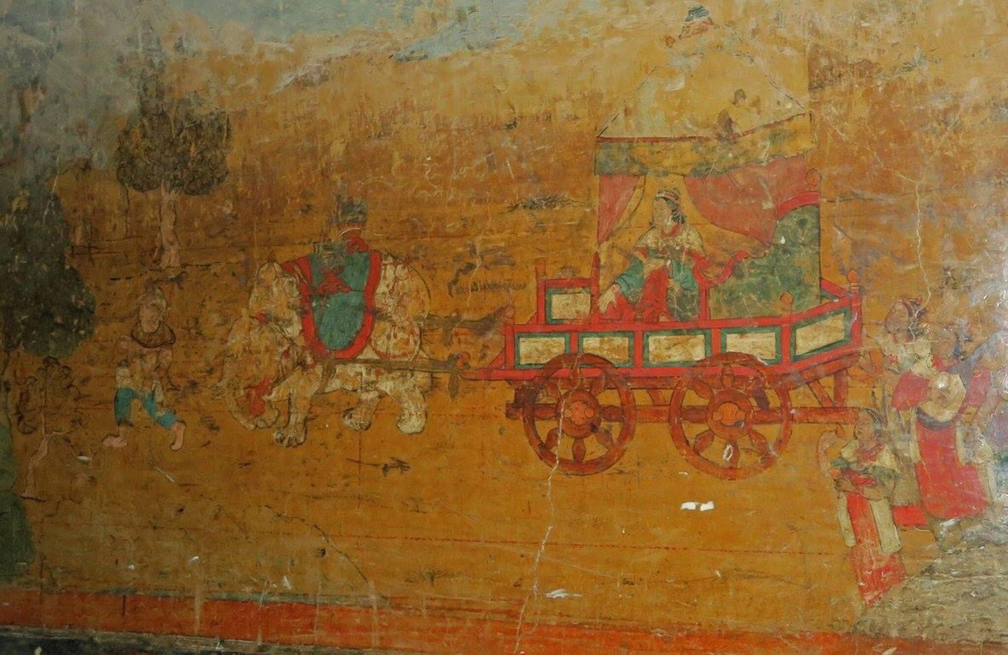 Carriage carrying Mother of Buddha drawn by two white elephants through orange-yellow landscape