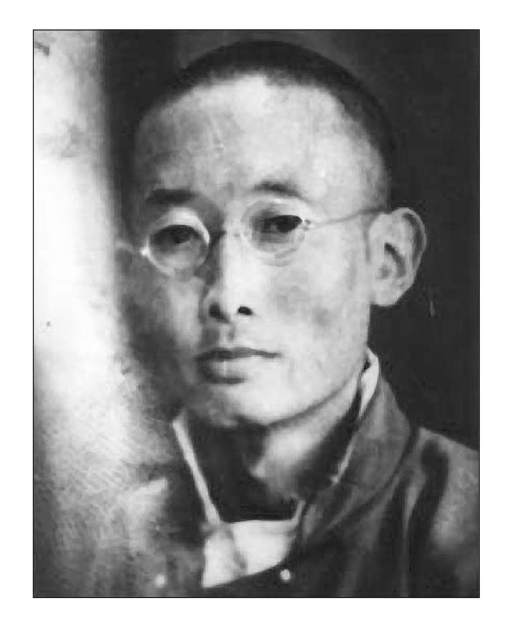 Black and white portrait photograph of man wearing wire frame glasses and jacket with high collar