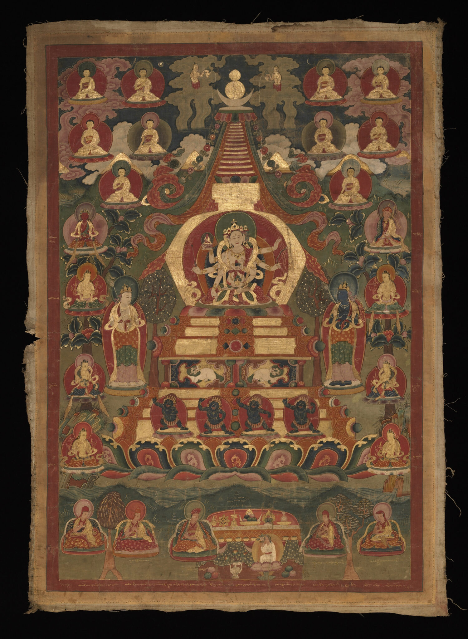 Deity at center of monumental stupa with lotus base surrounded by figures floating above verdant landscape