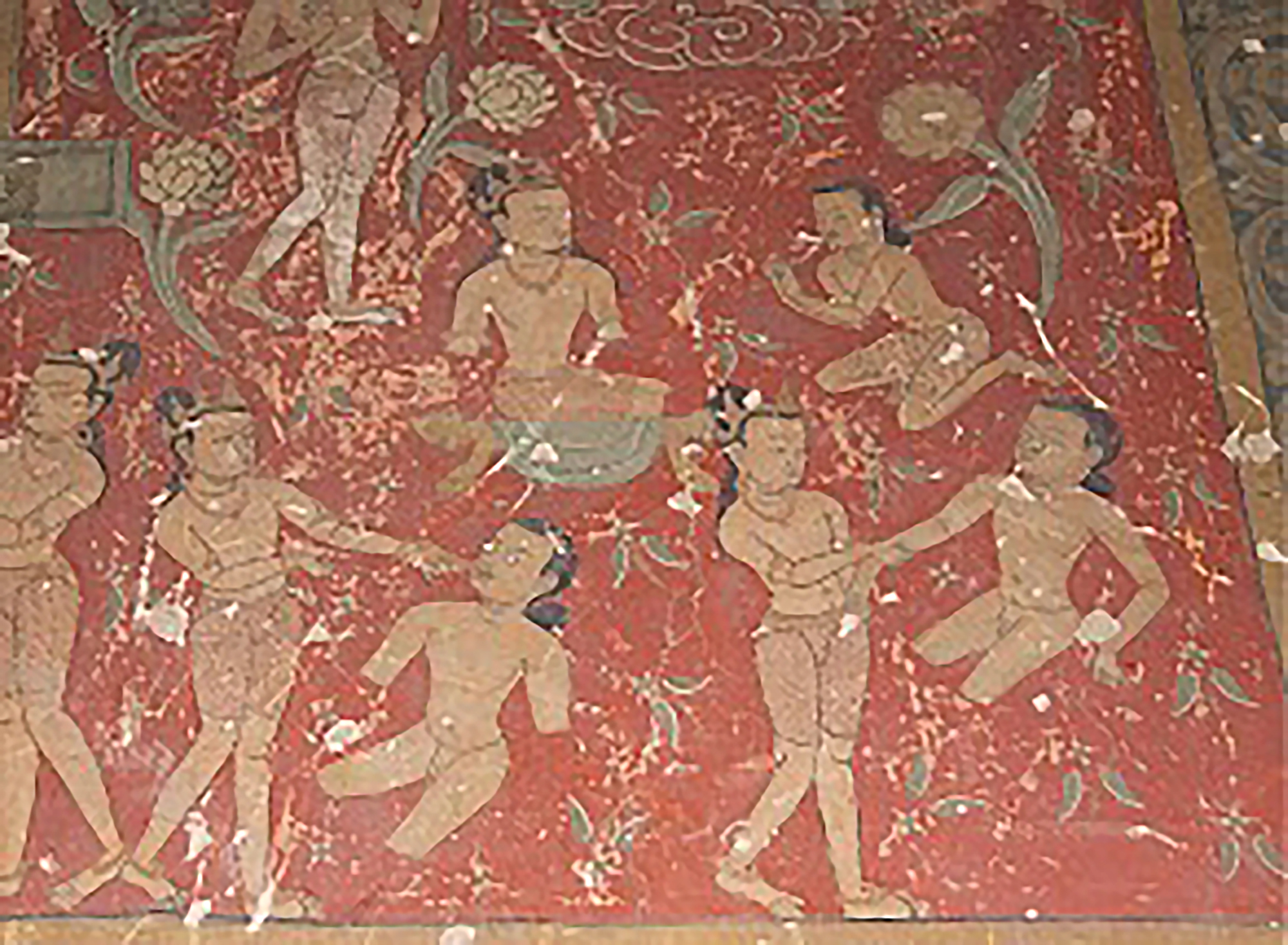 Multiple figures, some dismembered, some tending to the dismembered, against red landscape featuring floral motif