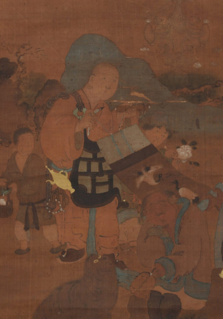 Scene painted on ochre textile depicting two figures and attendants holding and viewing painting