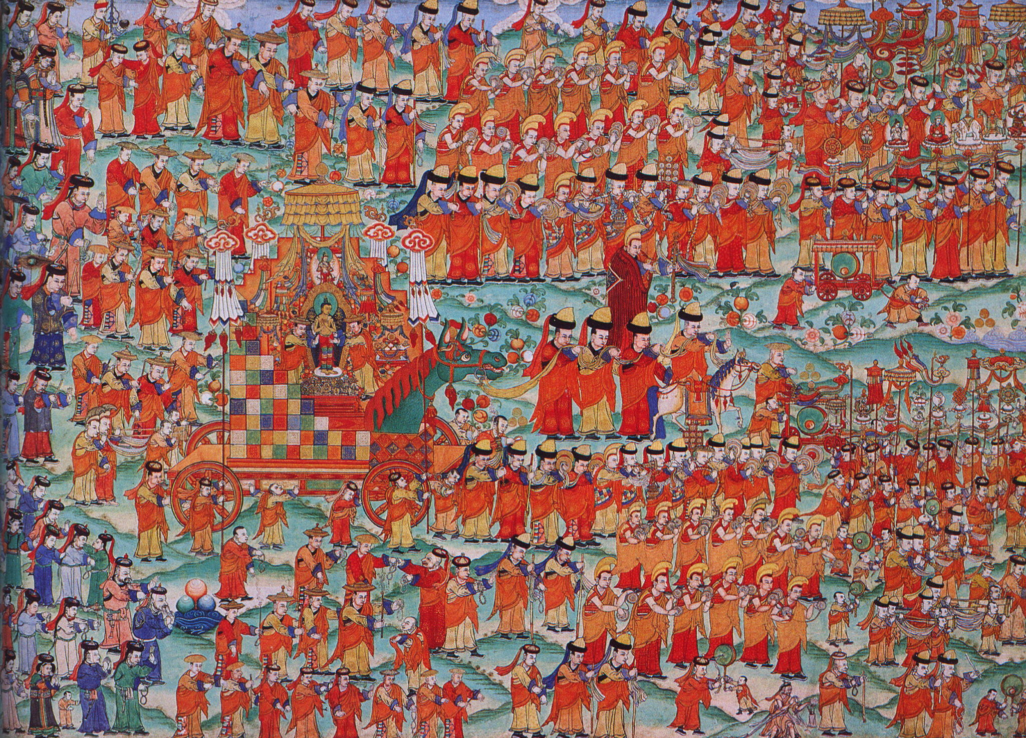 Scores of figures dressed in red form long, snaking line; group of blue-robed figures stands at left
