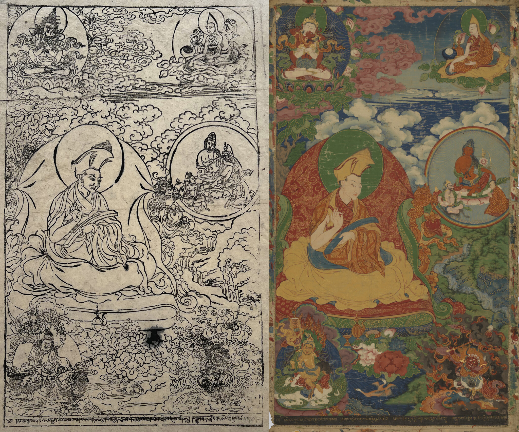 Side-by-side depictions of robed figure amid landscape and figures in roundels: at left, black and white outline of image; at right, full color