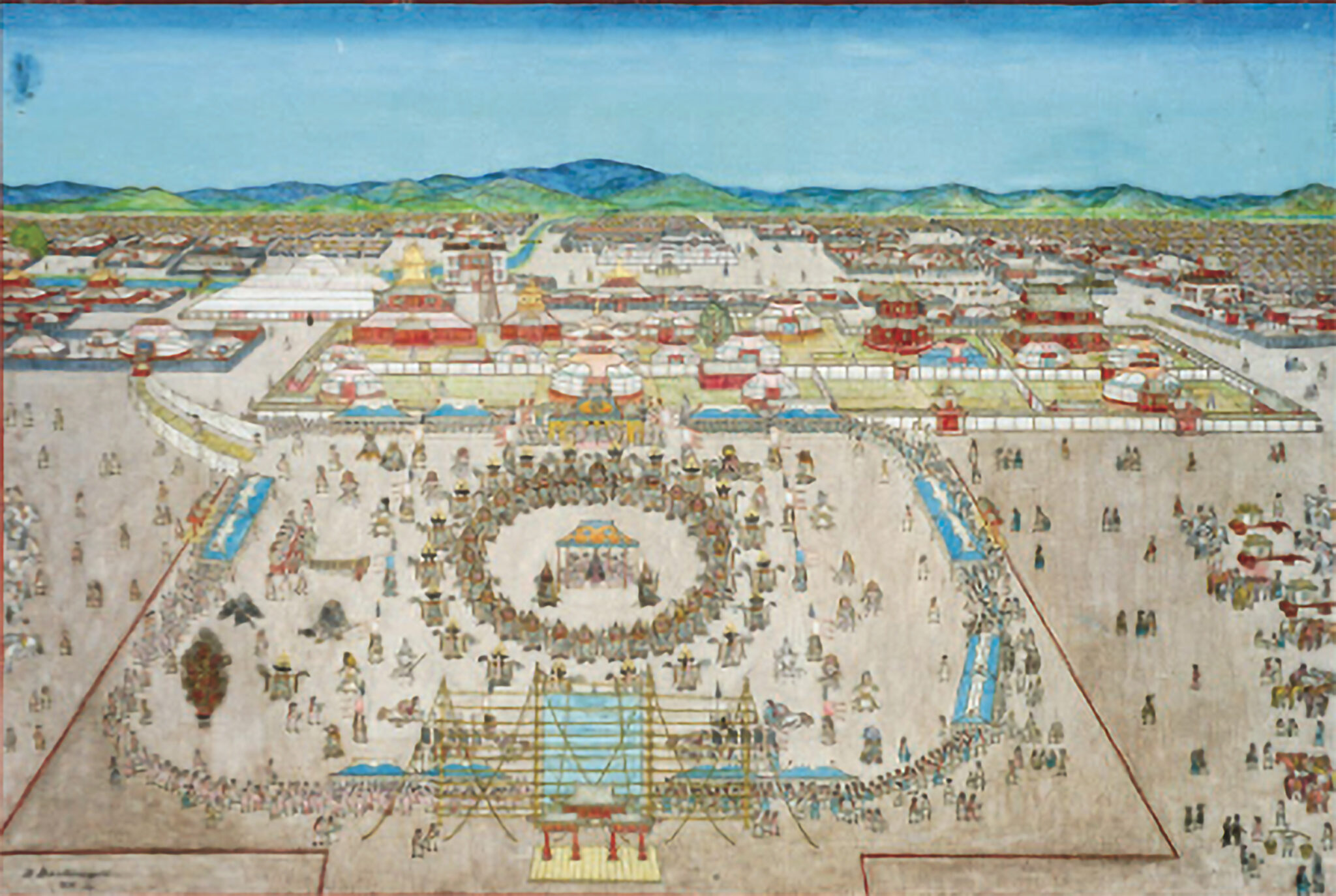 Bird’s-eye-view of crowd assembled in circular formation on plaza before walled building complex