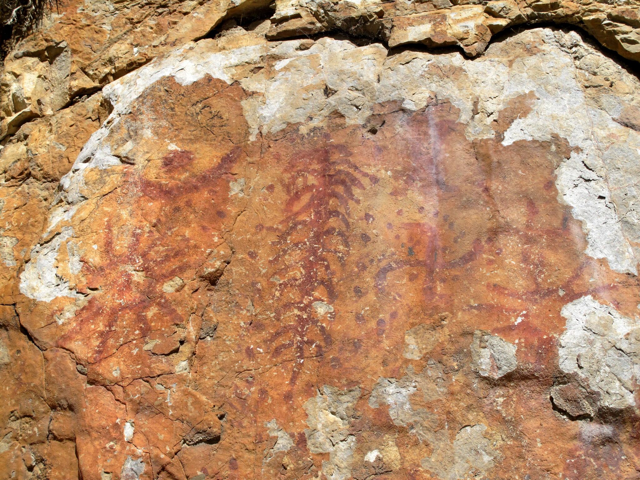 Natural and symbolic motifs painted in red on weathered orange rock face