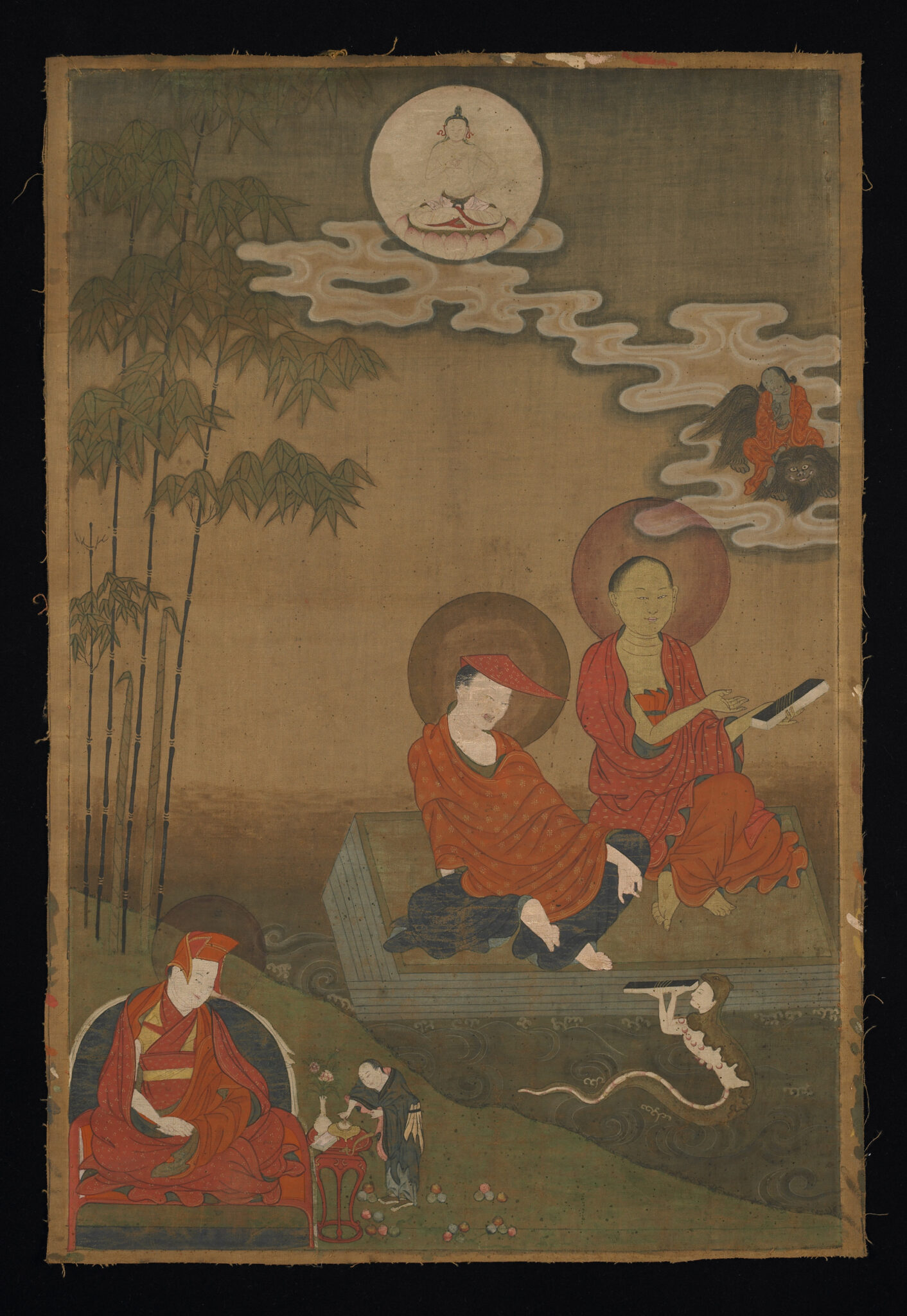 Two philosopher monks seated on water-bound platform underneath vaporous cloud leading to deity portrait