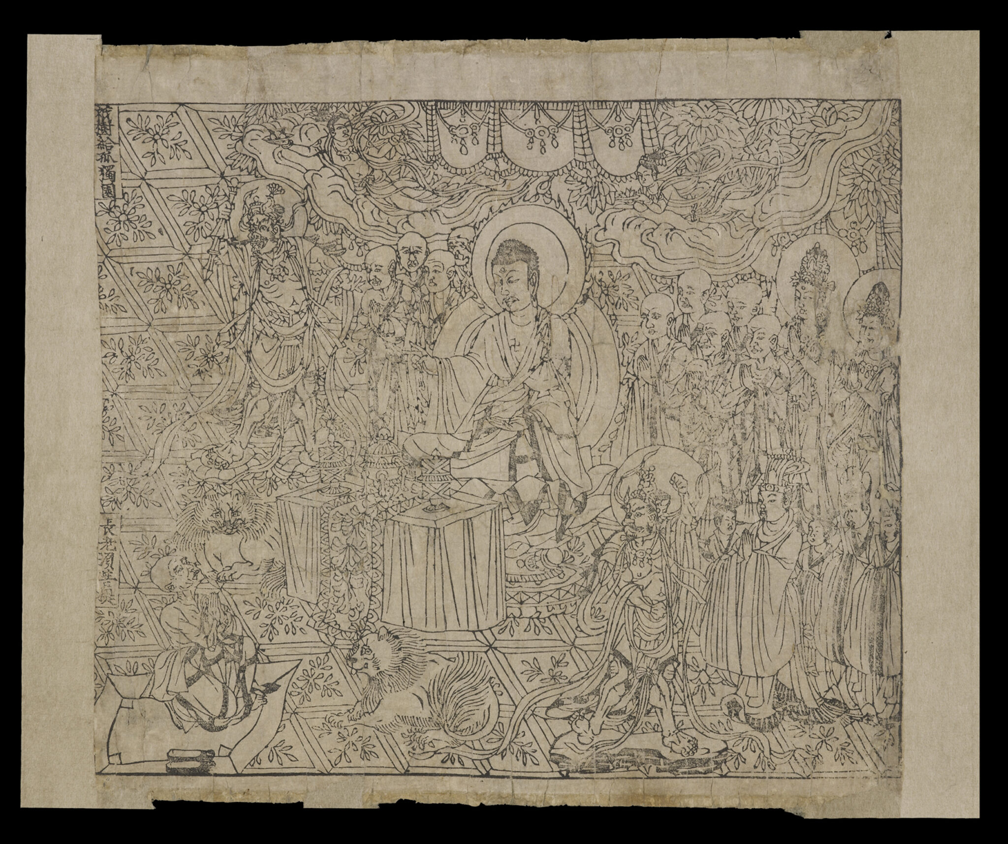 Line drawing on beige paper depicting seated Buddha and retinue amid profusion of elaborate patterns and forms