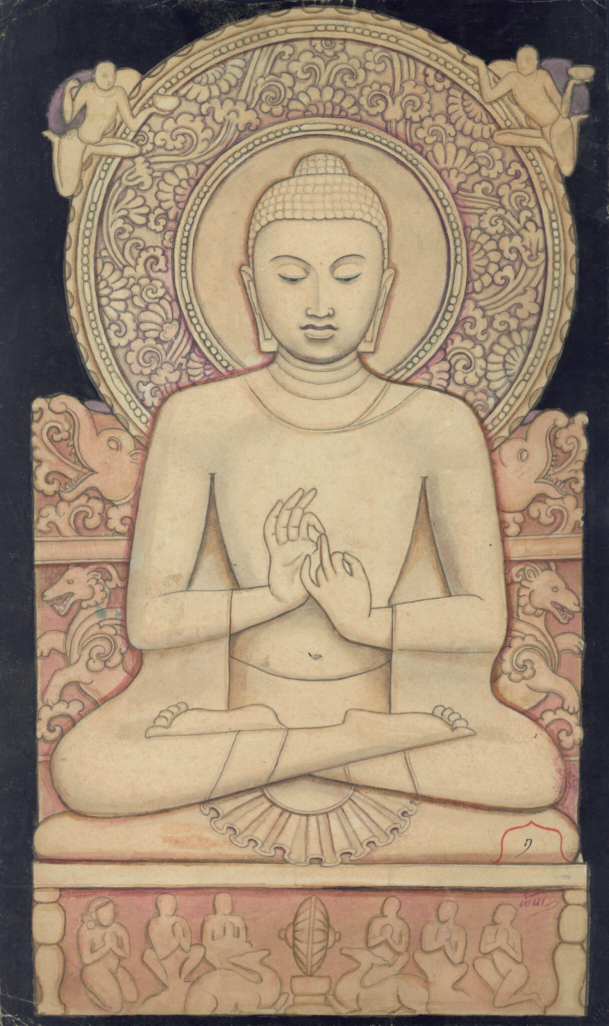 Watercolor in beige and black depicting enthroned Buddha holding hands in mudras at chest