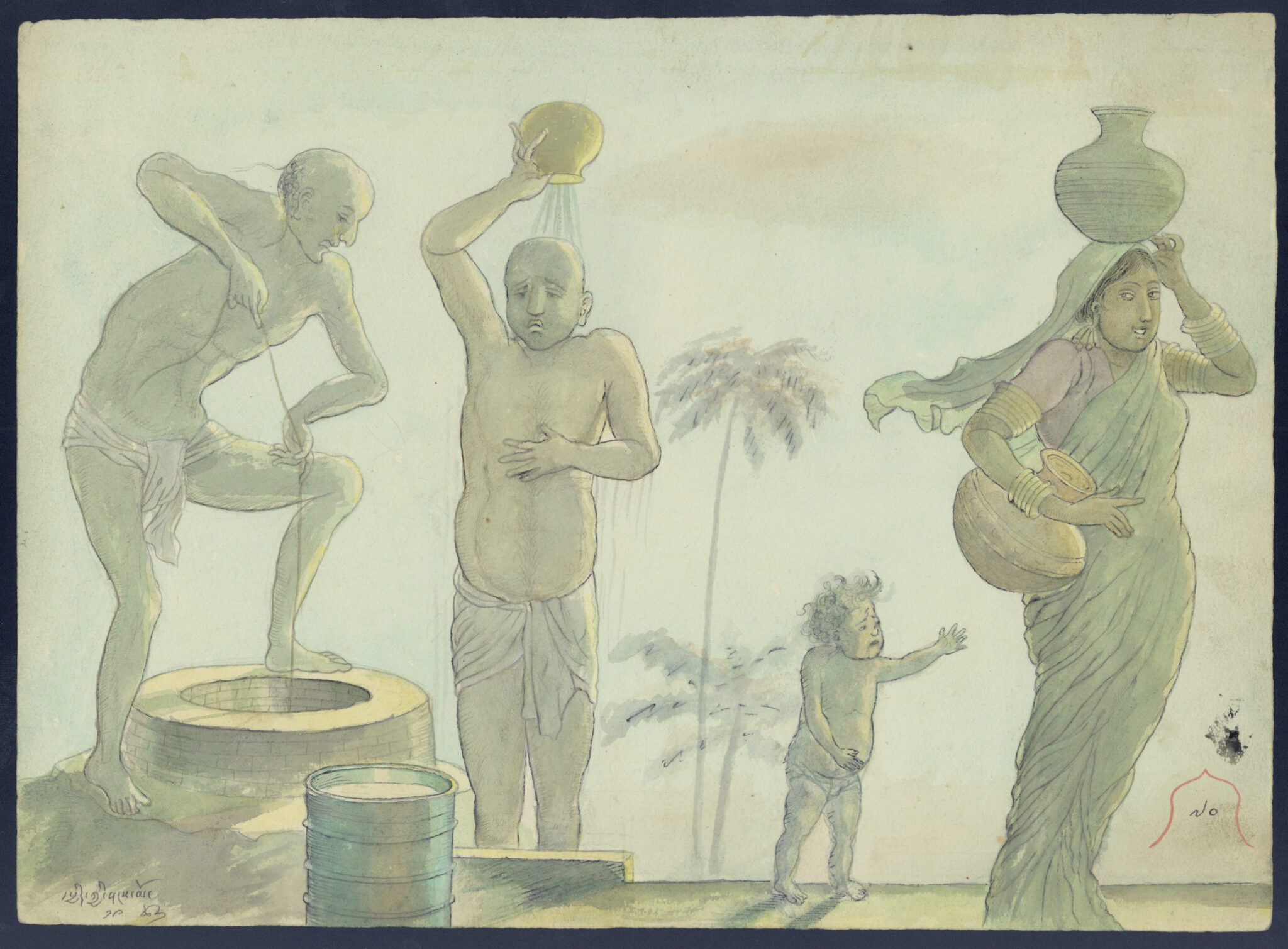 Watercolor depicting two men washing themselves and woman carrying vessel on head, followed by infant