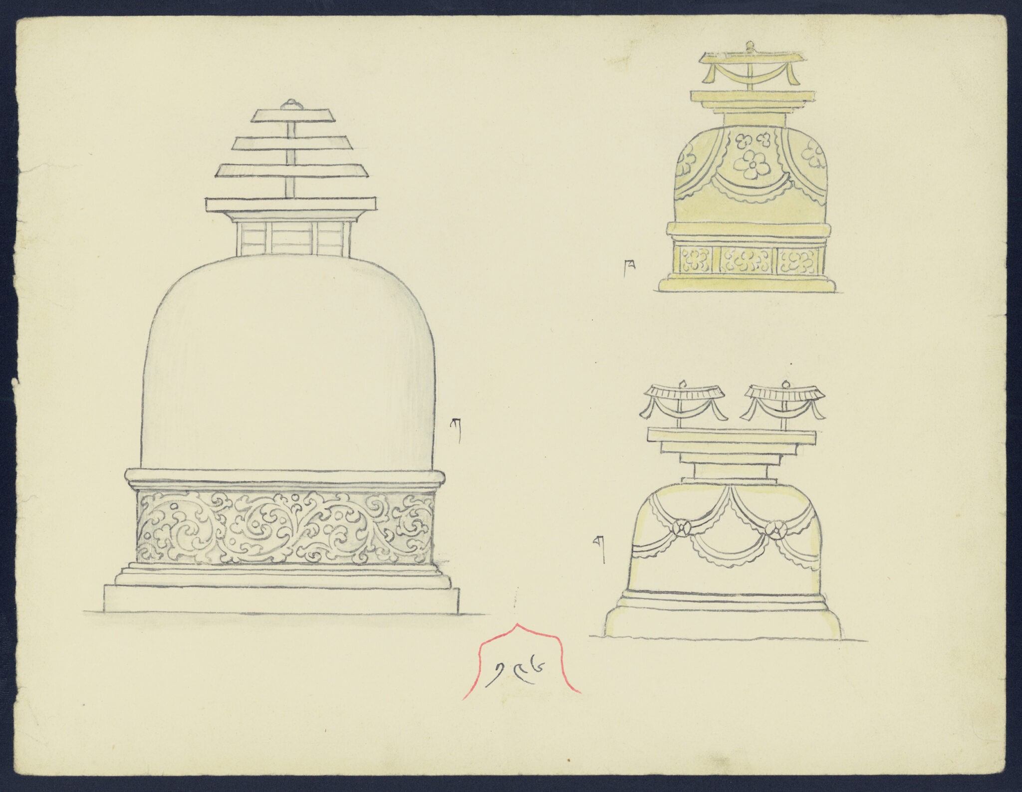 Ink drawing depicting three stupas in different forms: One larger stupa at left, two smaller stupas at right