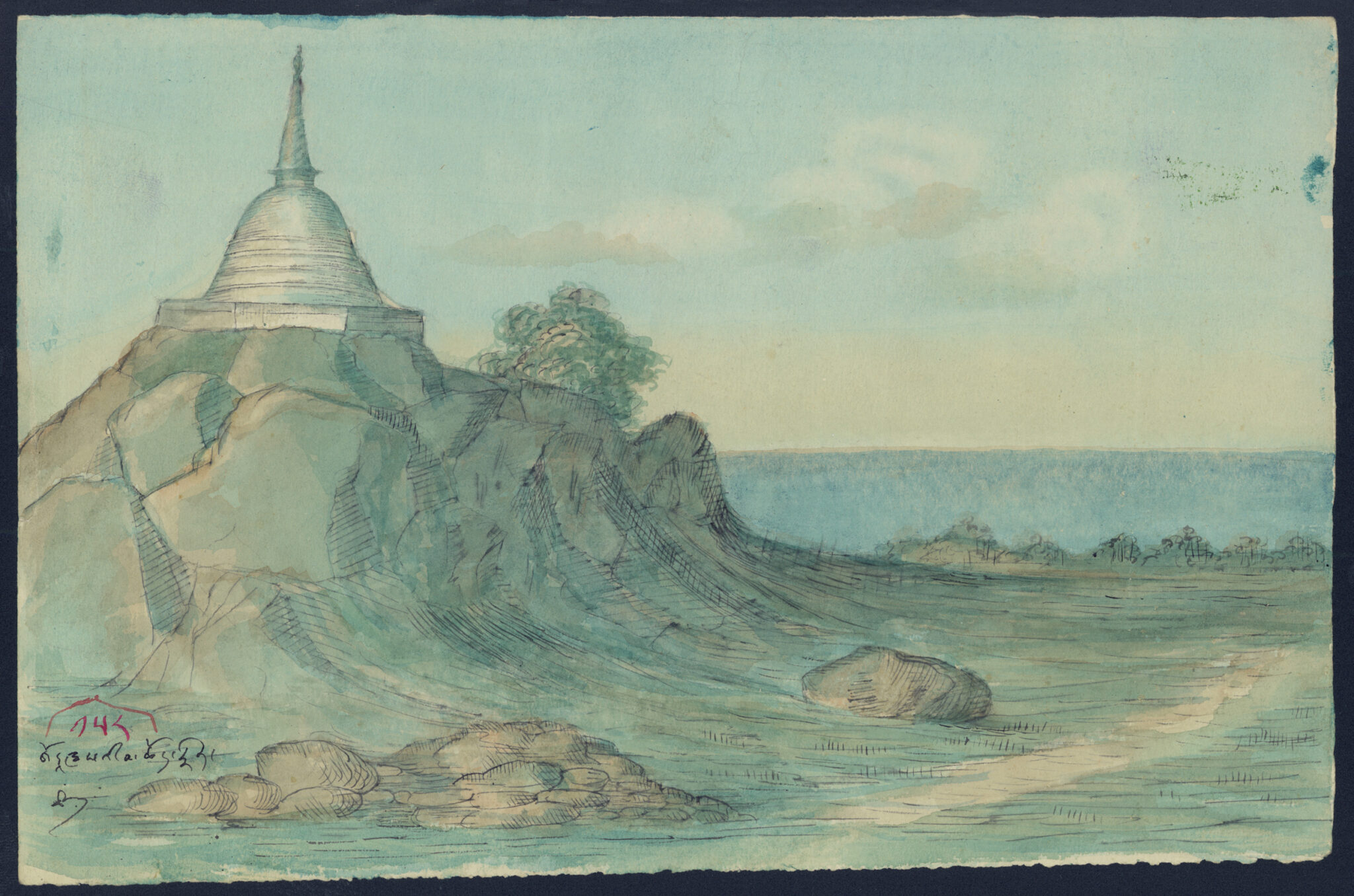 Watercolor depicting white stupa with needle-like spire situated on rocky outcropping