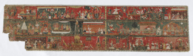 Painting on rectangular cloth depicting six scenes arranged in two columns and three rows